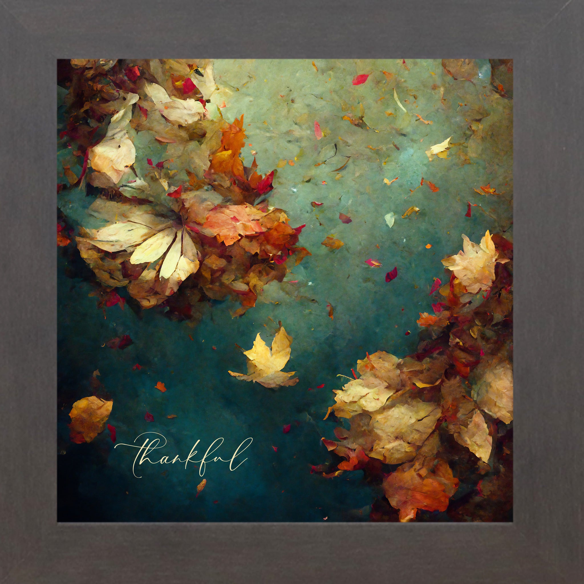 Slatewood framed square fall wall art featuring teal watercolor autumn maple leaves in cream and deep crimson with the word "thankful" in script — Thankful SB306