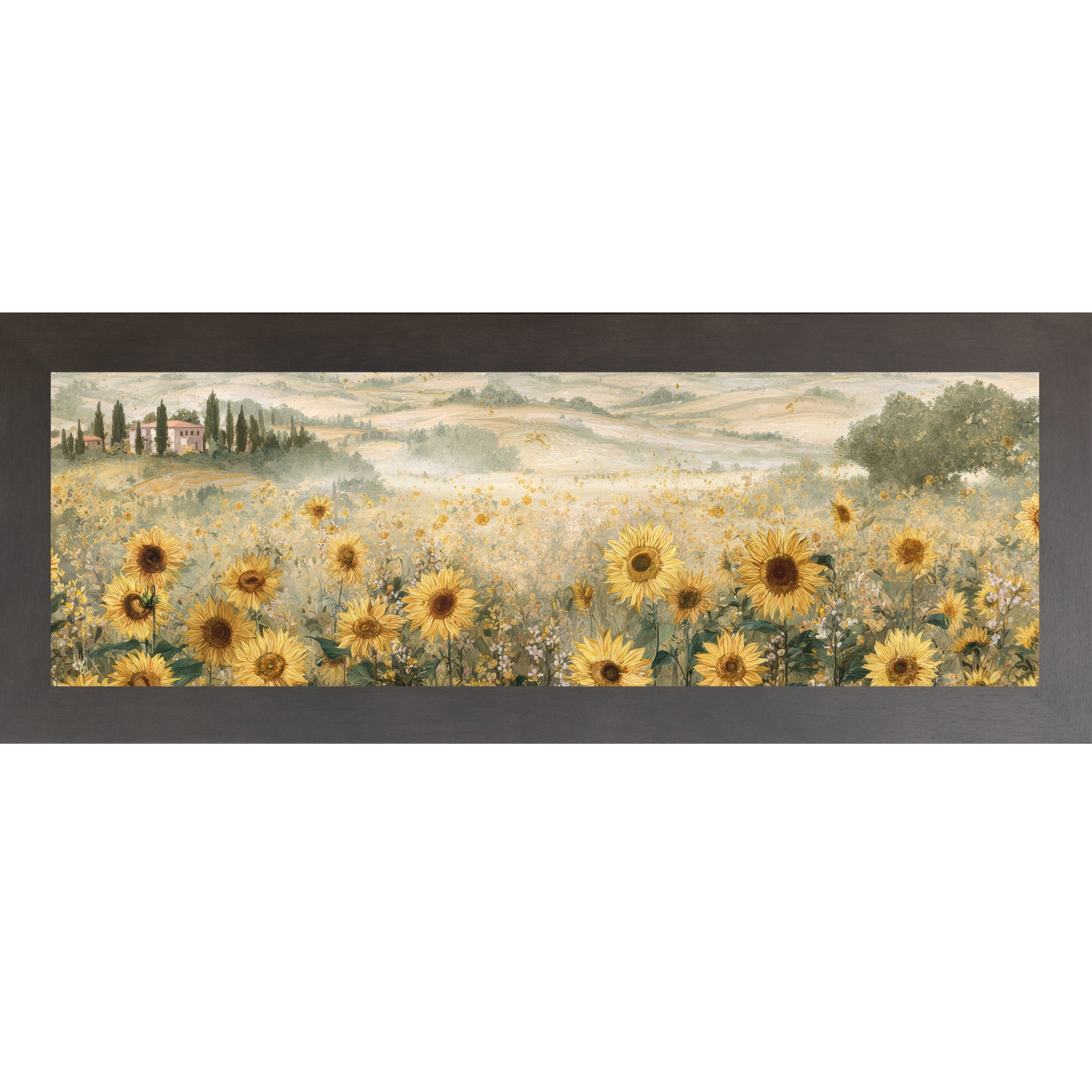 Slatewood framed wide landscape Tuscan sunflower wall art featuring golden sunflowers in the foreground with rolling Italian hills, cypress trees, a terracotta villa, and soft misty countryside in the distance