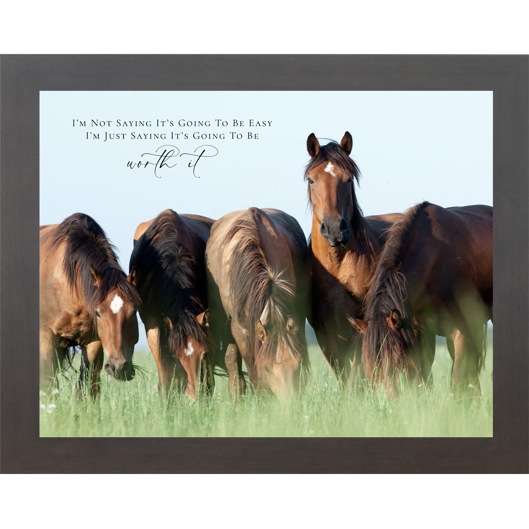Slatewood framed landscape inspirational horse wall art with four bay horses grazing in a green summer field with the quote I'm Not Saying It's Going to Be Easy I'm Just Saying It's Going to Be Worth It