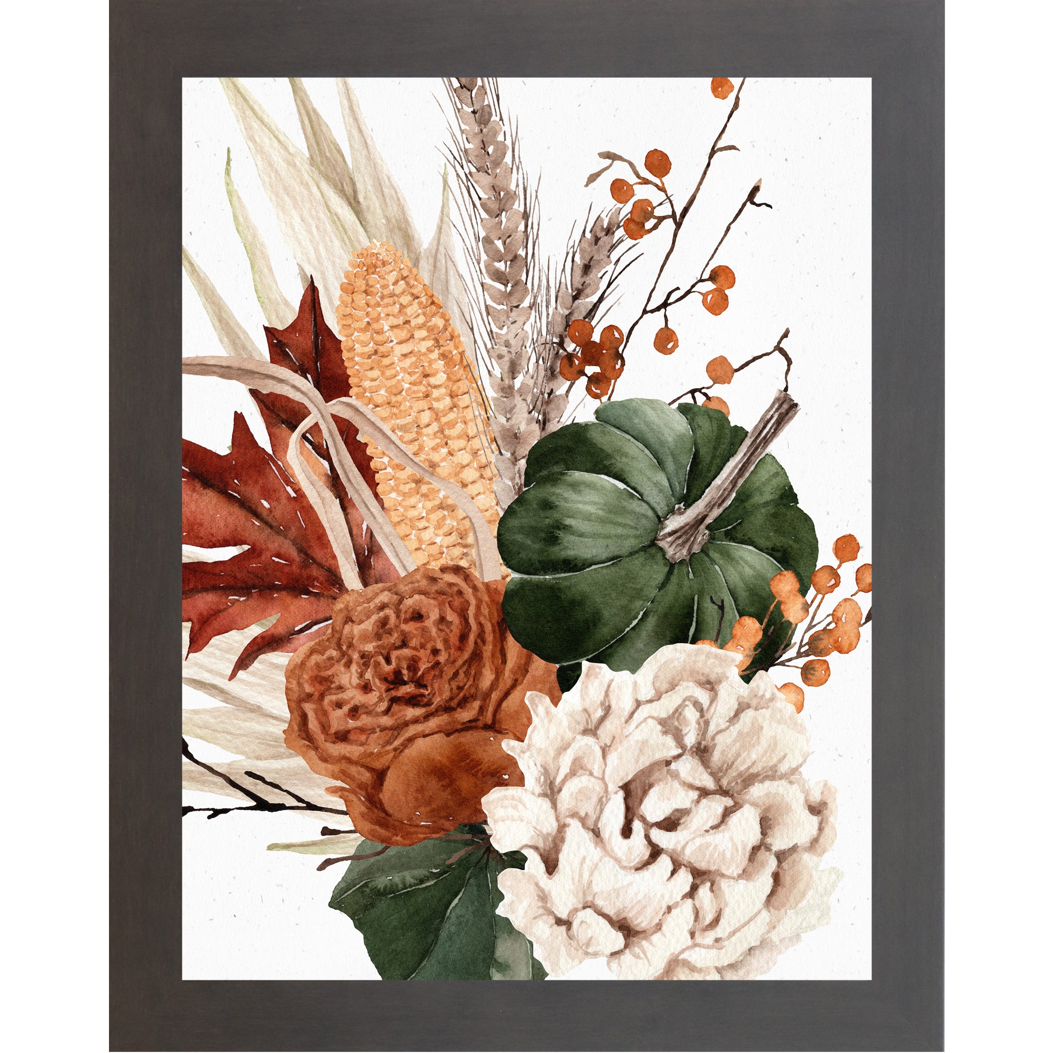 Slatewood framed portrait harvest wall art featuring watercolor green pumpkin corn wheat crimson maple leaf burnt orange and cream peonies with orange berries — Harvest Bouquet SB251 left panel