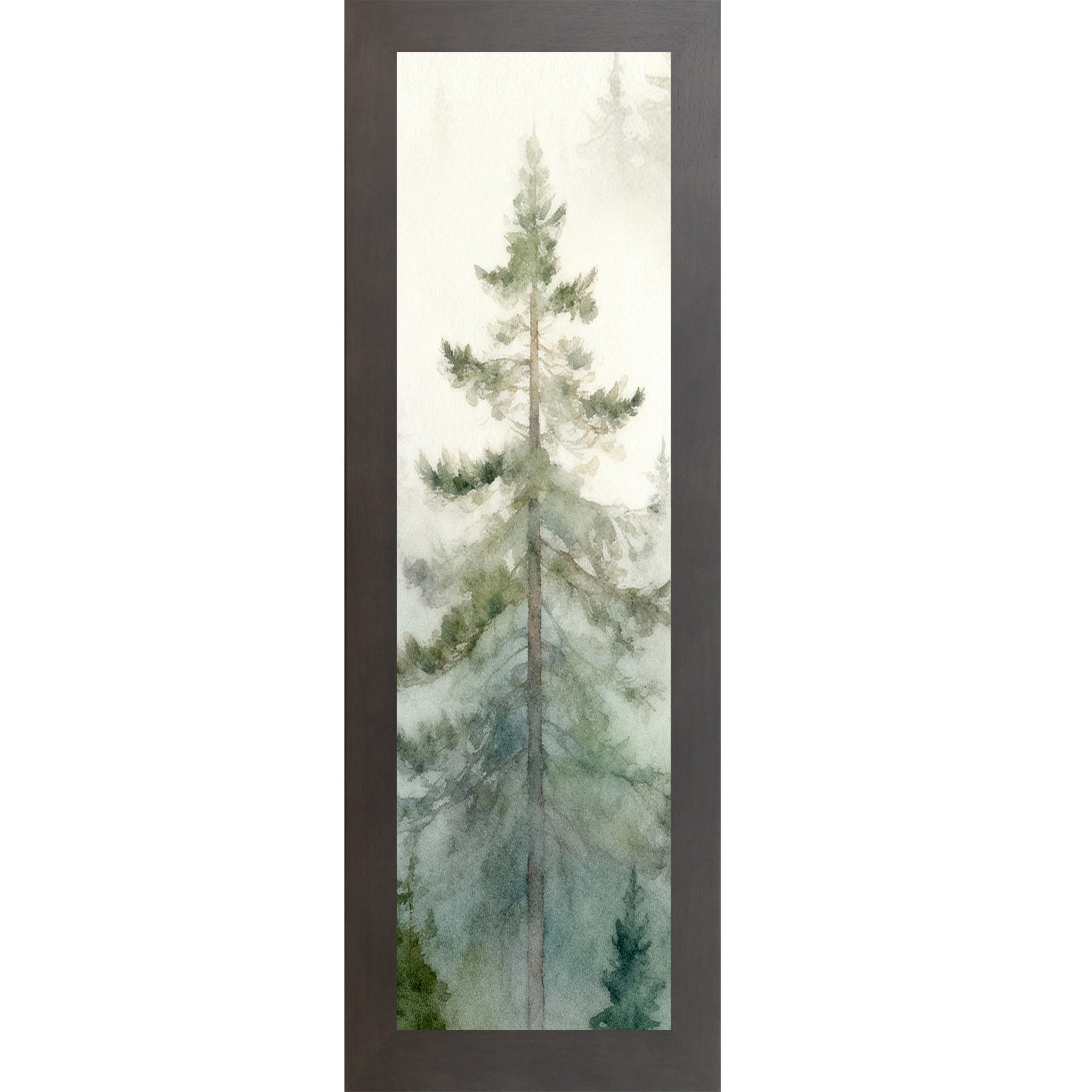 Slatewood framed narrow portrait watercolor pine forest wall art with single tall evergreen rising through soft morning mist against a sage green and cream misty forest background
