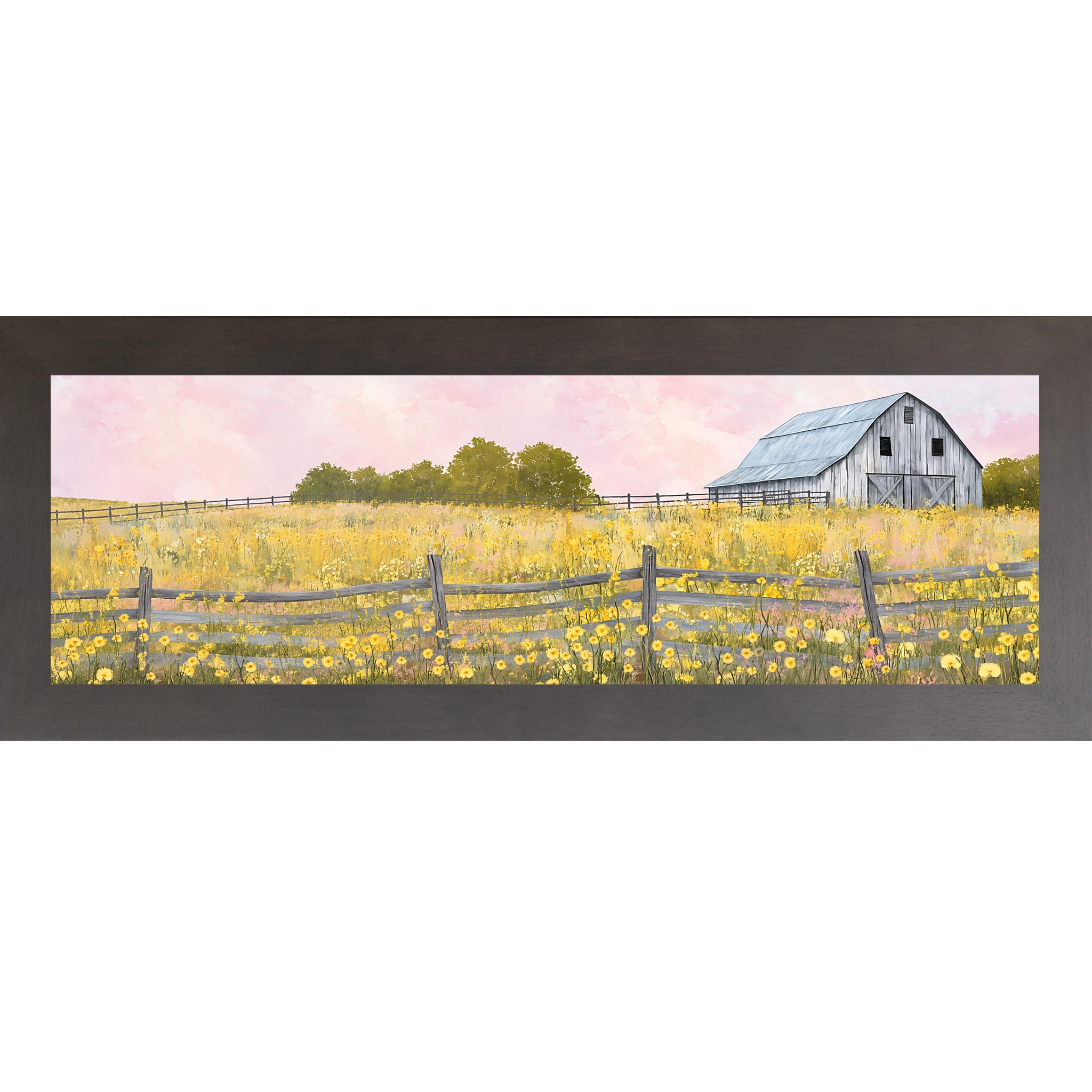 Slatewood framed wide landscape farmhouse wall art featuring a watercolor gray barn in a yellow wildflower meadow with split rail fence and soft pink sky — Yellow Wildflower Barn SB950