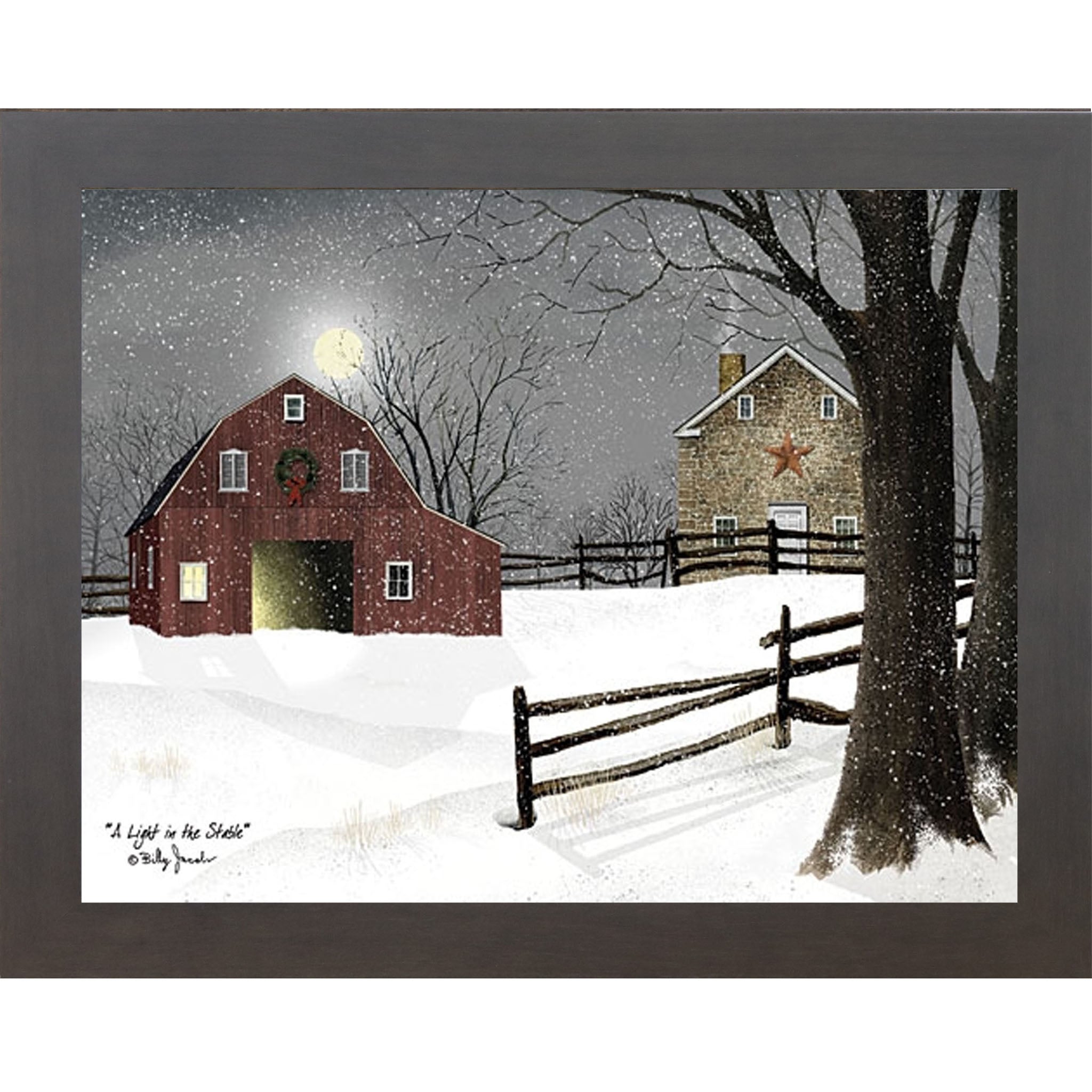 Slatewood framed landscape Billy Jacobs wall art print of a red barn with a Christmas wreath and glowing door on a moonlit snowy night with a stone farmhouse and split rail fence titled "A Light in the Stable"