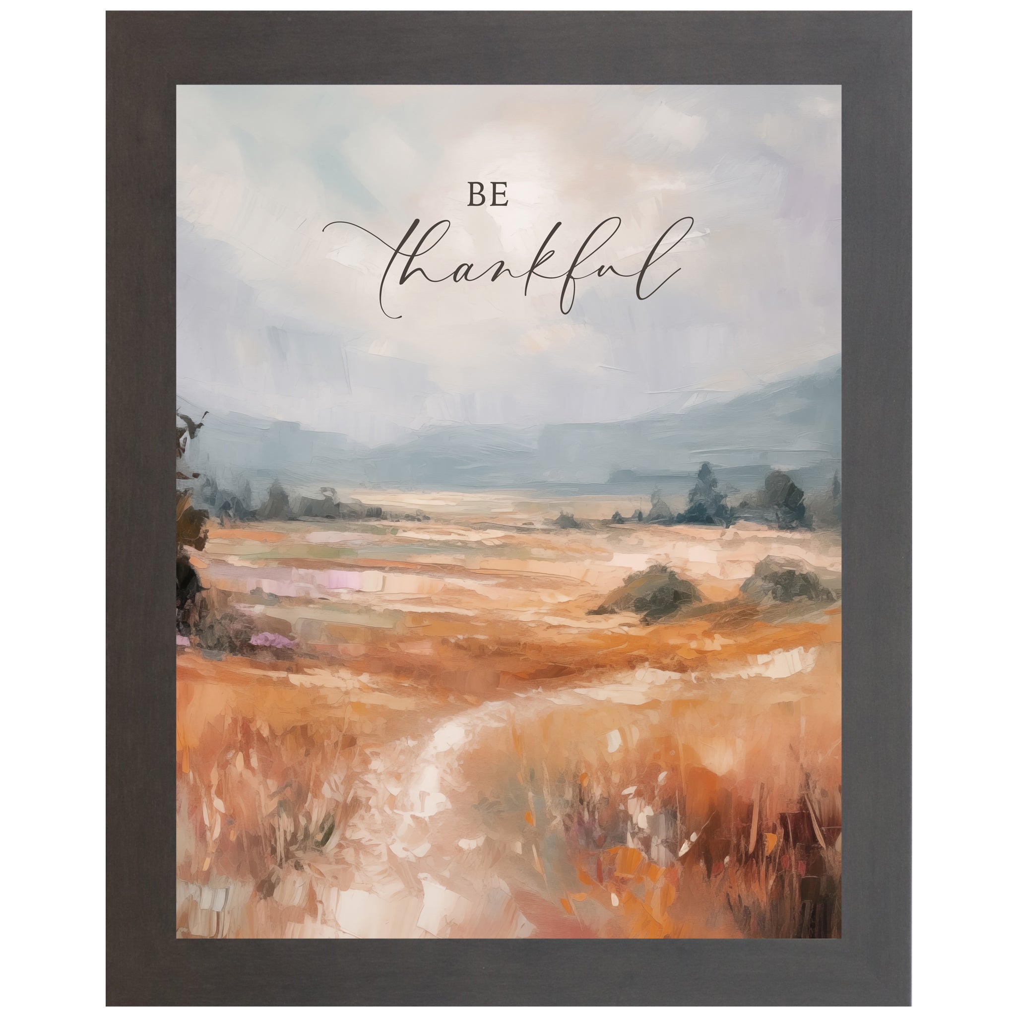 Slatewood framed portrait inspirational wall art with Be Thankful in elegant script over soft peach blush terracotta abstract painterly landscape with pale blue-grey sky