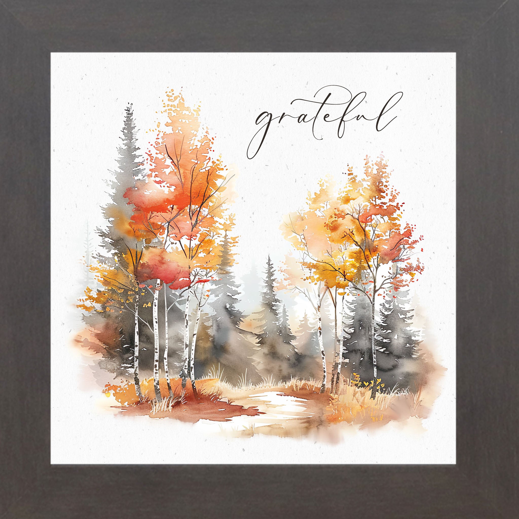 Slatewood framed square fall wall art featuring watercolor autumn birch pine and deciduous forest in vivid red orange and gold tones with elegant script word Grateful on soft white background — SN171