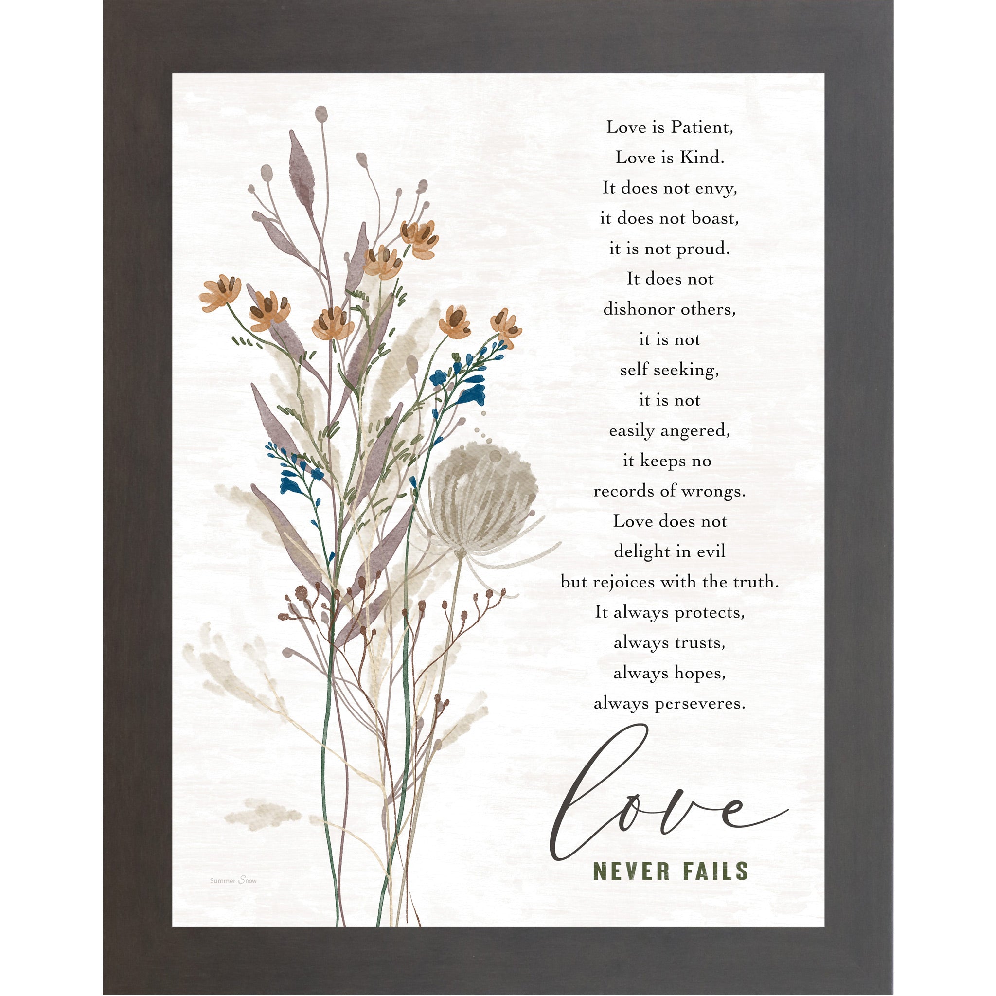 Slatewood Slatewood framed portrait Christian wall art featuring watercolor wildflower botanicals with the full 1 Corinthians 13 scripture and the words "love Never Fails" — SA388