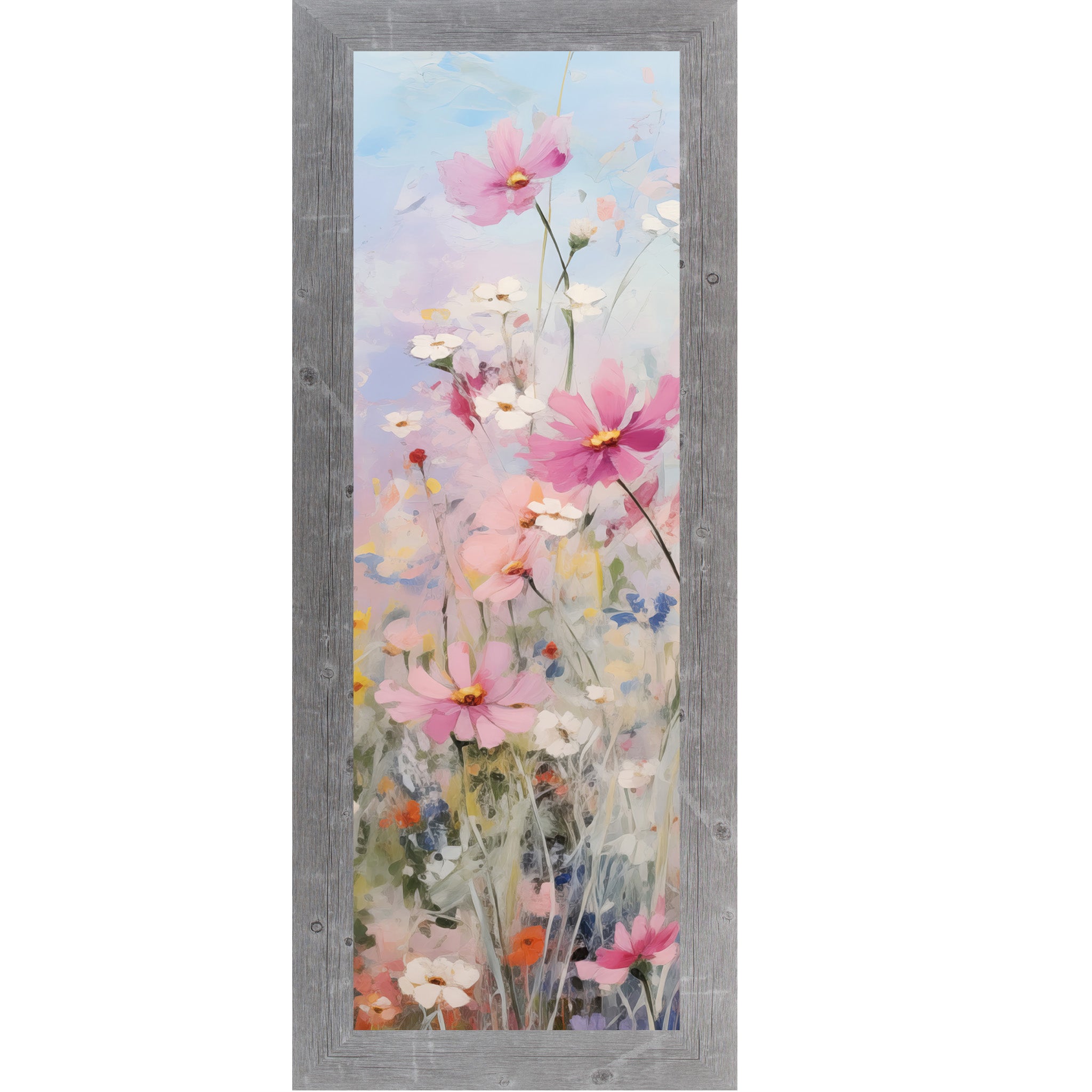 Slim vertical watercolor floral wall art featuring soft pink and white flowers with blue sky background in a narrow 8x20 framed format