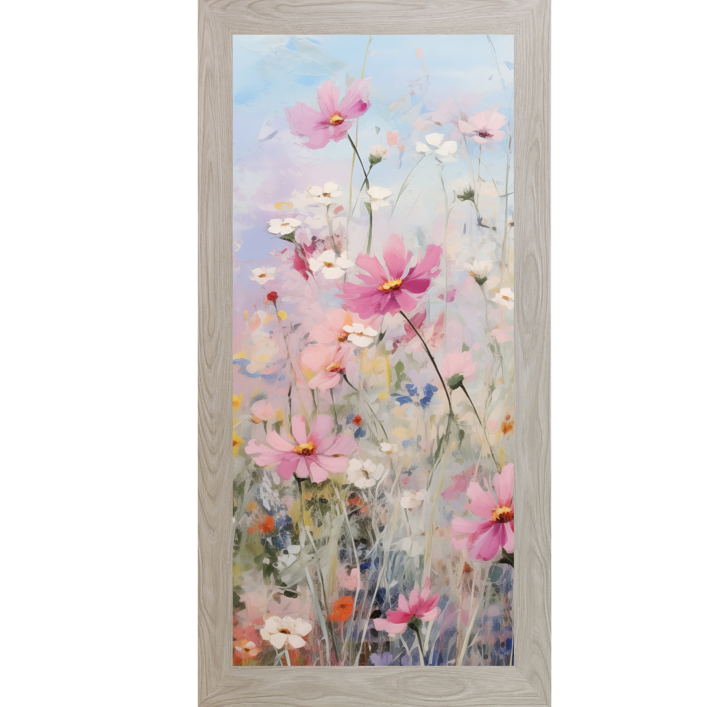 Vertical framed spring floral wall art featuring pastel pink and white wildflowers with soft green stems and a light blue watercolor sky background
