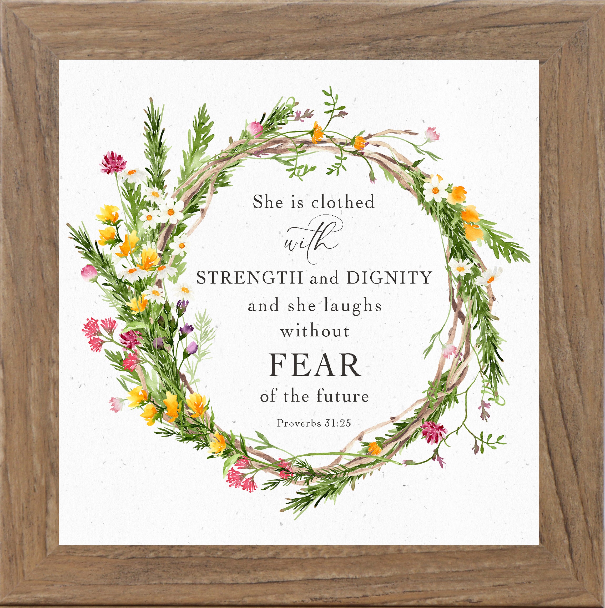Christian framed wall art featuring She Is Clothed With Strength and Dignity scripture from Proverbs 31:25 with soft floral design on neutral background