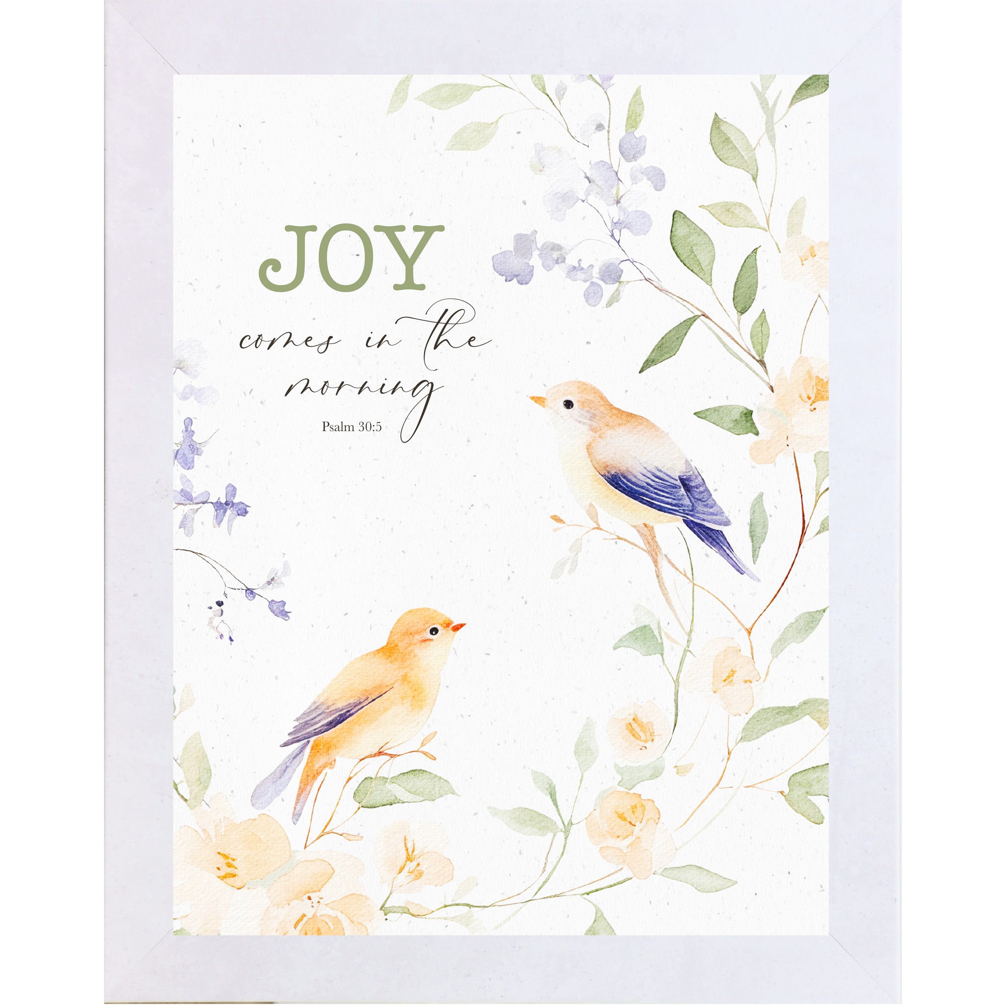 Terracotta White Color Framed watercolor wall art featuring two small birds perched among floral branches with the scripture “Joy Comes in the Morning – Psalm 30:5” on a neutral textured background.
