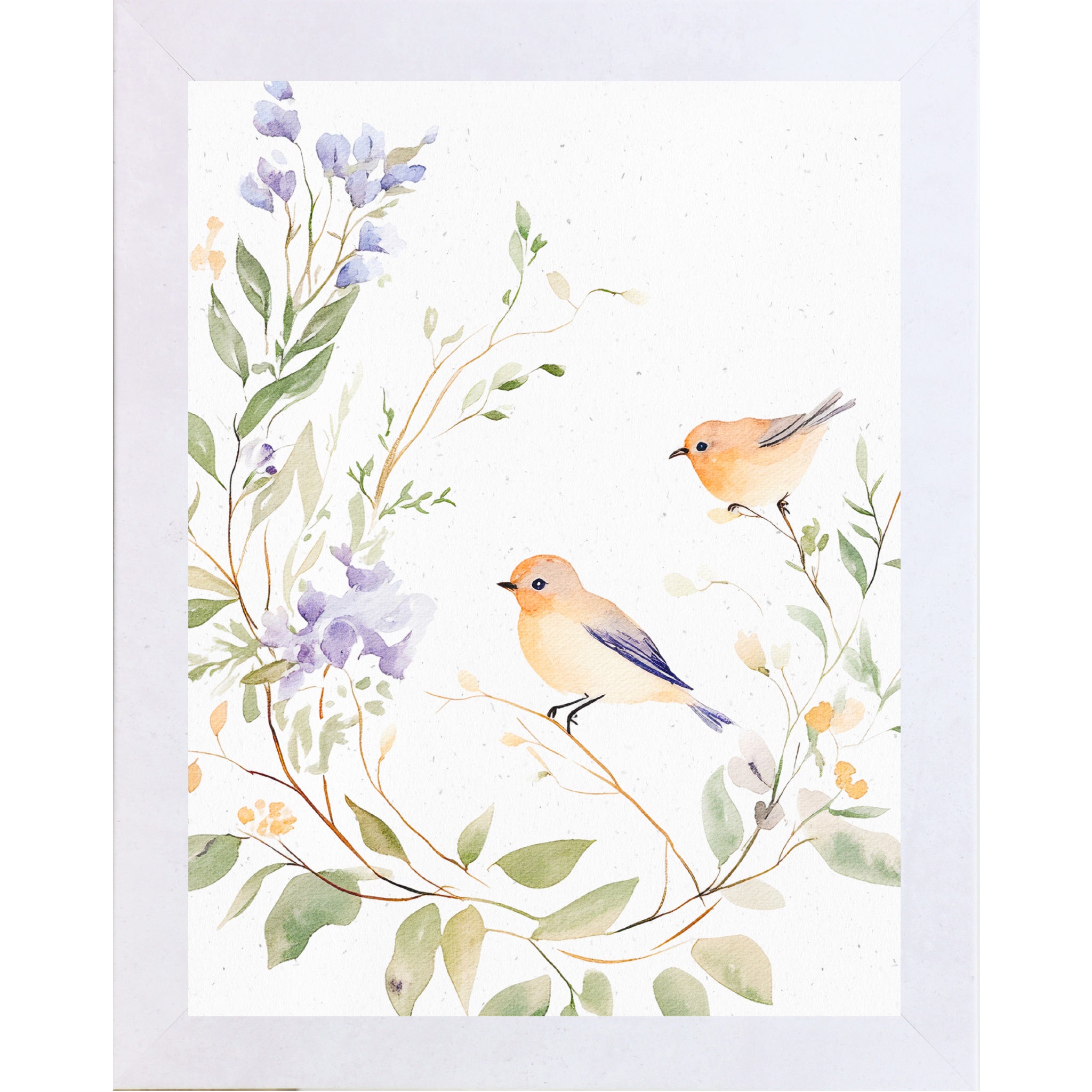 Terracotta White Color Framed watercolor wall art featuring two small birds perched on a floral branch with green leaves and soft lavender flowers on a neutral white background.