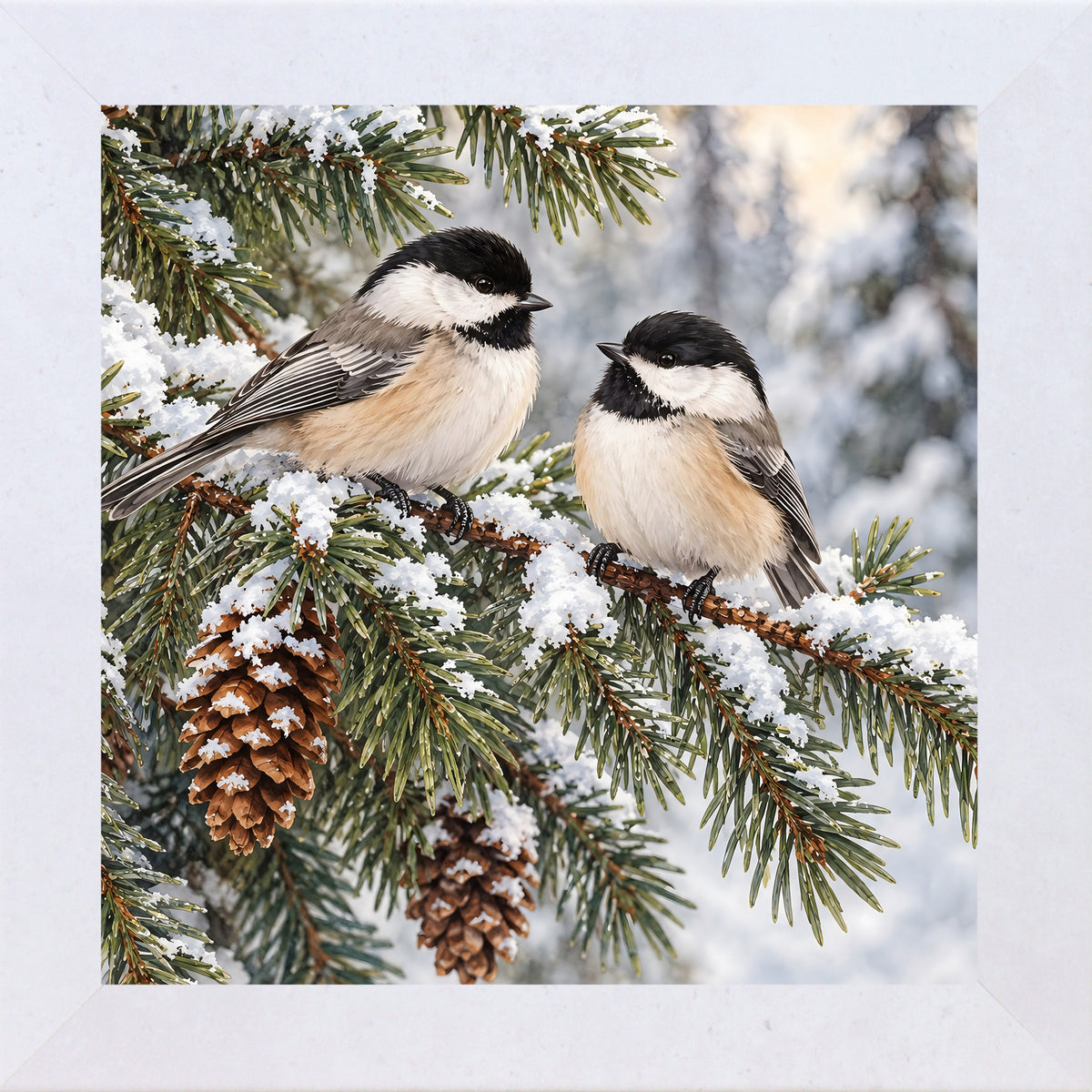 Terracotta White framed square winter chickadee wall art featuring two black-capped chickadees perched on a snowy pine branch with pinecones