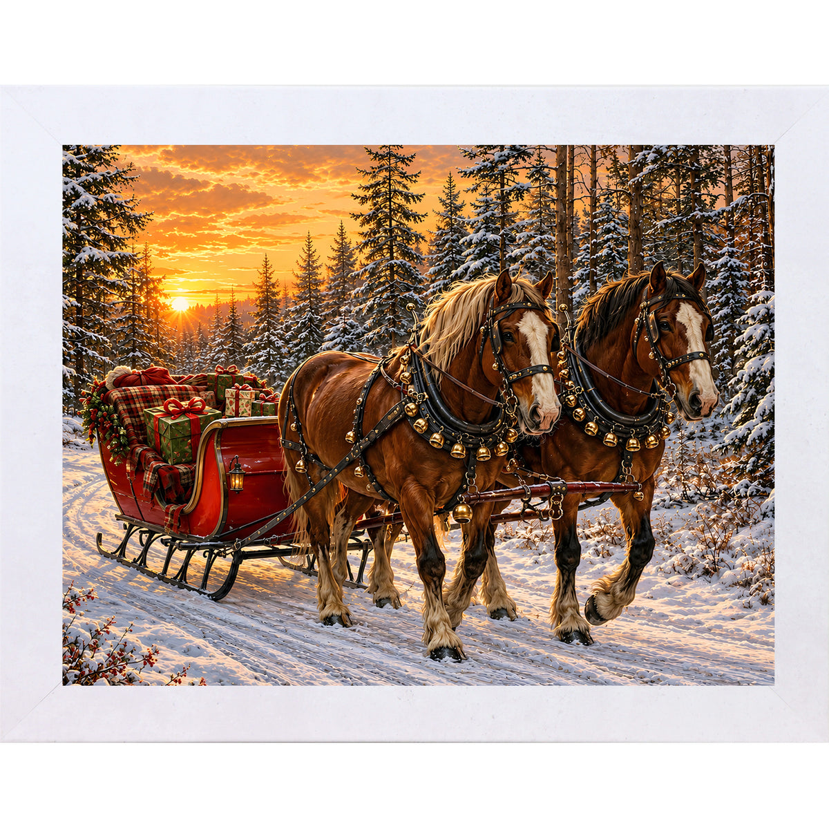 Terracotta White framed landscape heritage Christmas wall art featuring two bay draft horses pulling a red sleigh piled with presents through a golden sunset forest