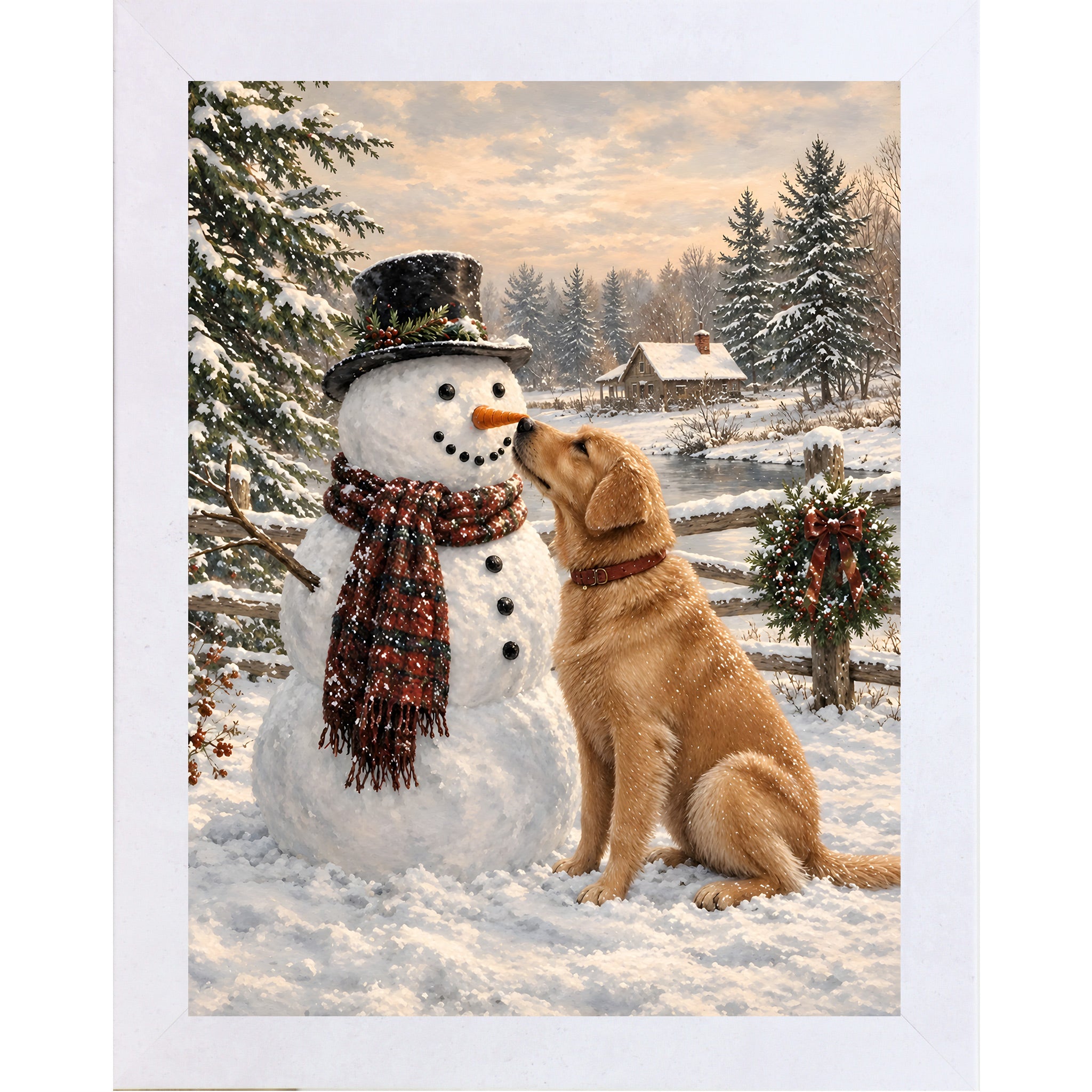 Terracotta White framed portrait heritage Christmas wall art featuring a golden retriever nosing a top-hatted snowman in a plaid scarf against a snowy countryside scene
