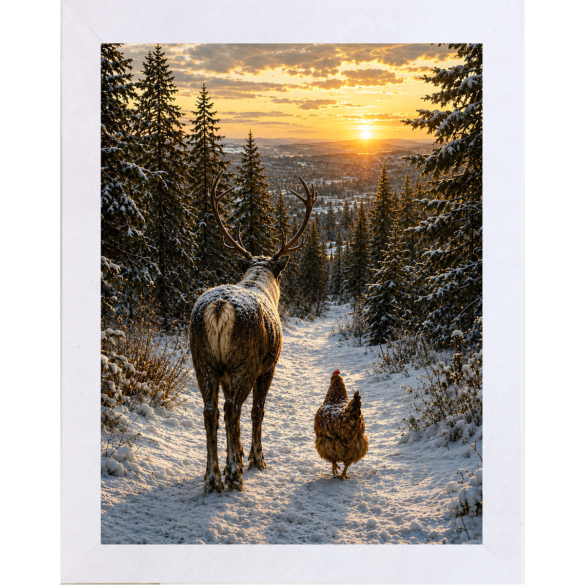 Terracotta framed portrait winter wall art featuring a stag and a hen walking down a snowy forest path at golden sunset