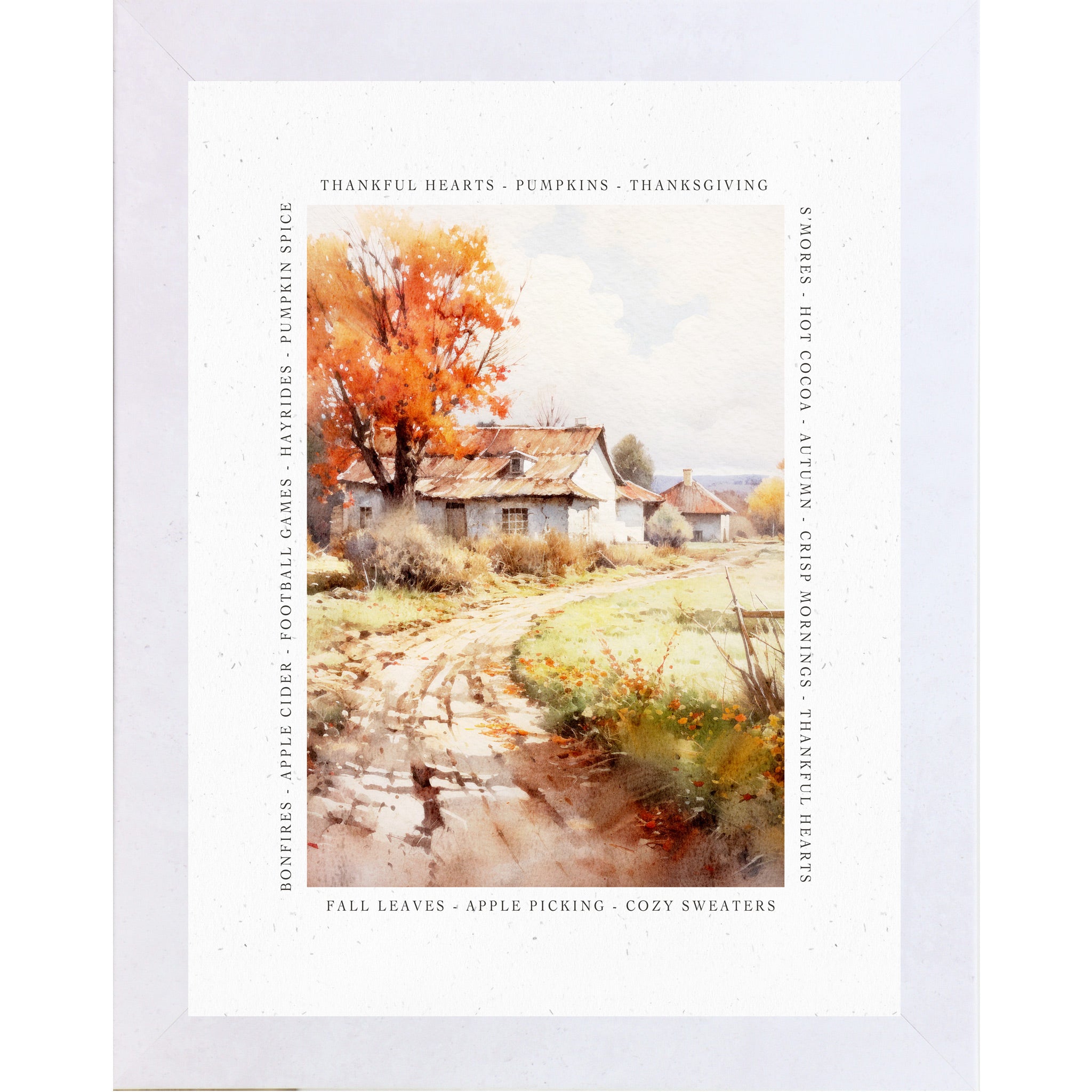Terracotta White framed portrait fall farmhouse porch wall art featuring watercolor Adirondack chair pumpkins and lantern surrounded by fall quote border — There Is Always Something To Be Thankful For Crisp Mornings Cozy Sweaters Falling Leaves Good Memories Fall Reminds Us How Beautiful Change Can Be — SN388