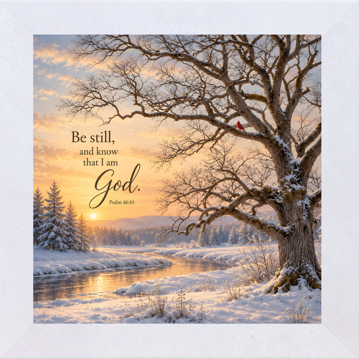 Be Still and Know That I Am God wall art in terracotta white frame, Psalm 46:10 cardinal scene
