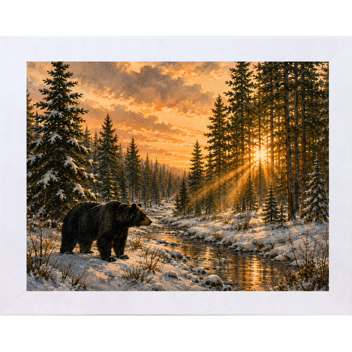 Terracotta White framed landscape wall art featuring a black bear walking along a sunlit forest creek at golden hour