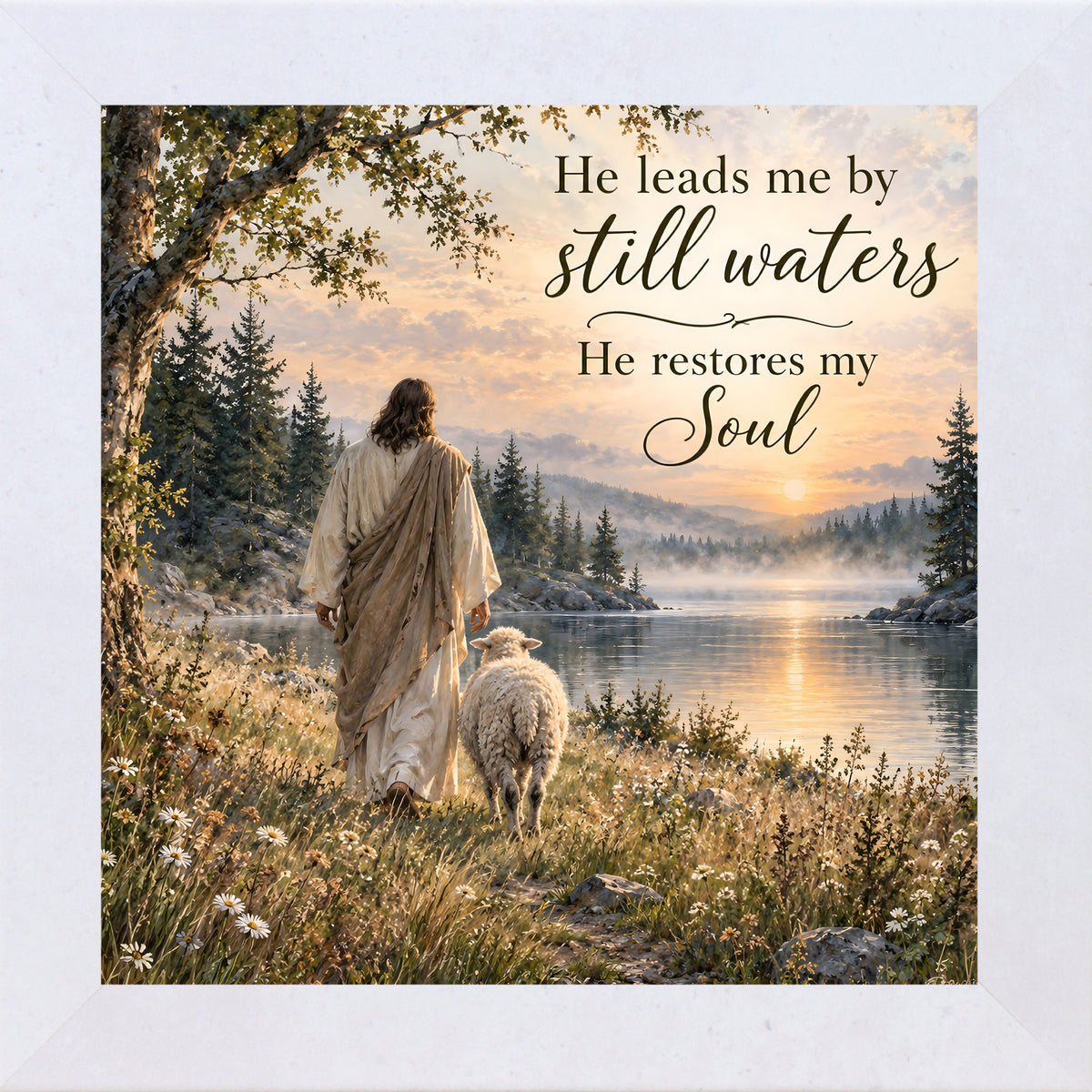 Terracotta White framed square Christian wall art featuring Christ walking beside a lamb at a sunset lake with the words "He Leads Me By Still Waters He Restores My Soul"