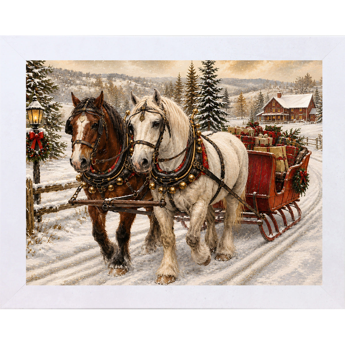 Terracotta White framed landscape heritage Christmas wall art featuring two draft horses pulling a red sleigh piled with presents through a snowy country lane