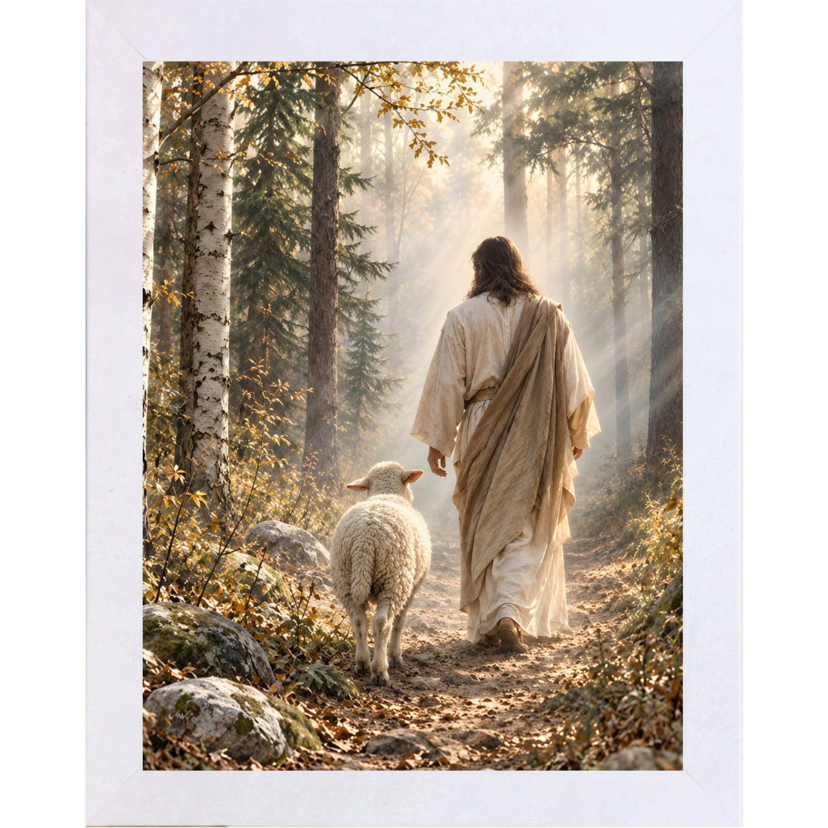 Terracotta White framed portrait Christian wall art featuring Jesus walking a golden-lit forest path from behind with a white sheep at his side