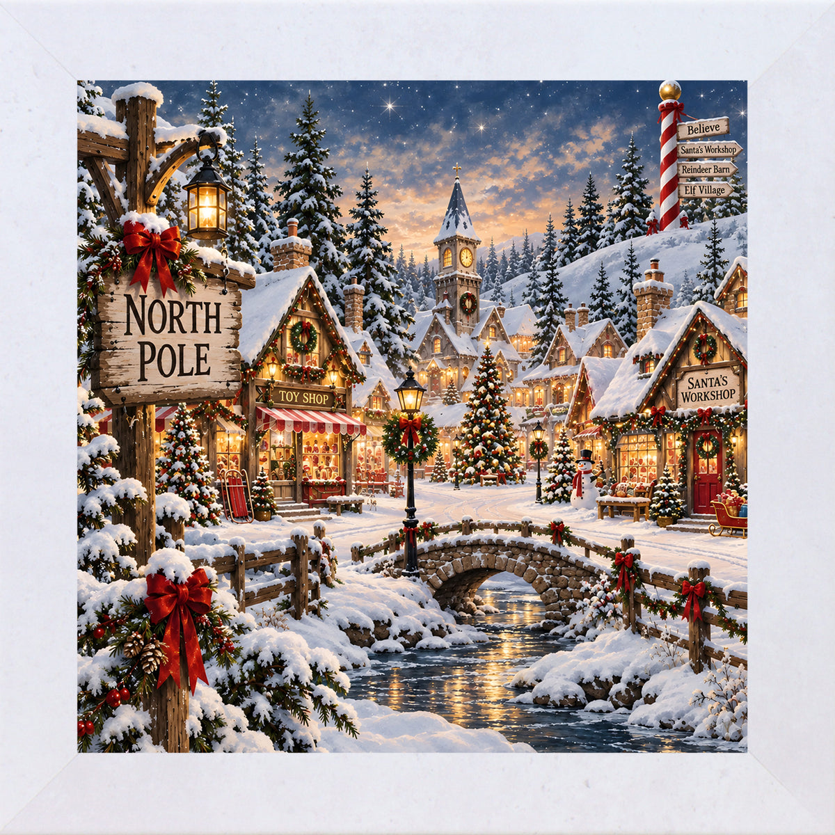 Terracotta White framed square North Pole village Christmas wall art with snow-covered shops, a clock tower, and a stone bridge at twilight