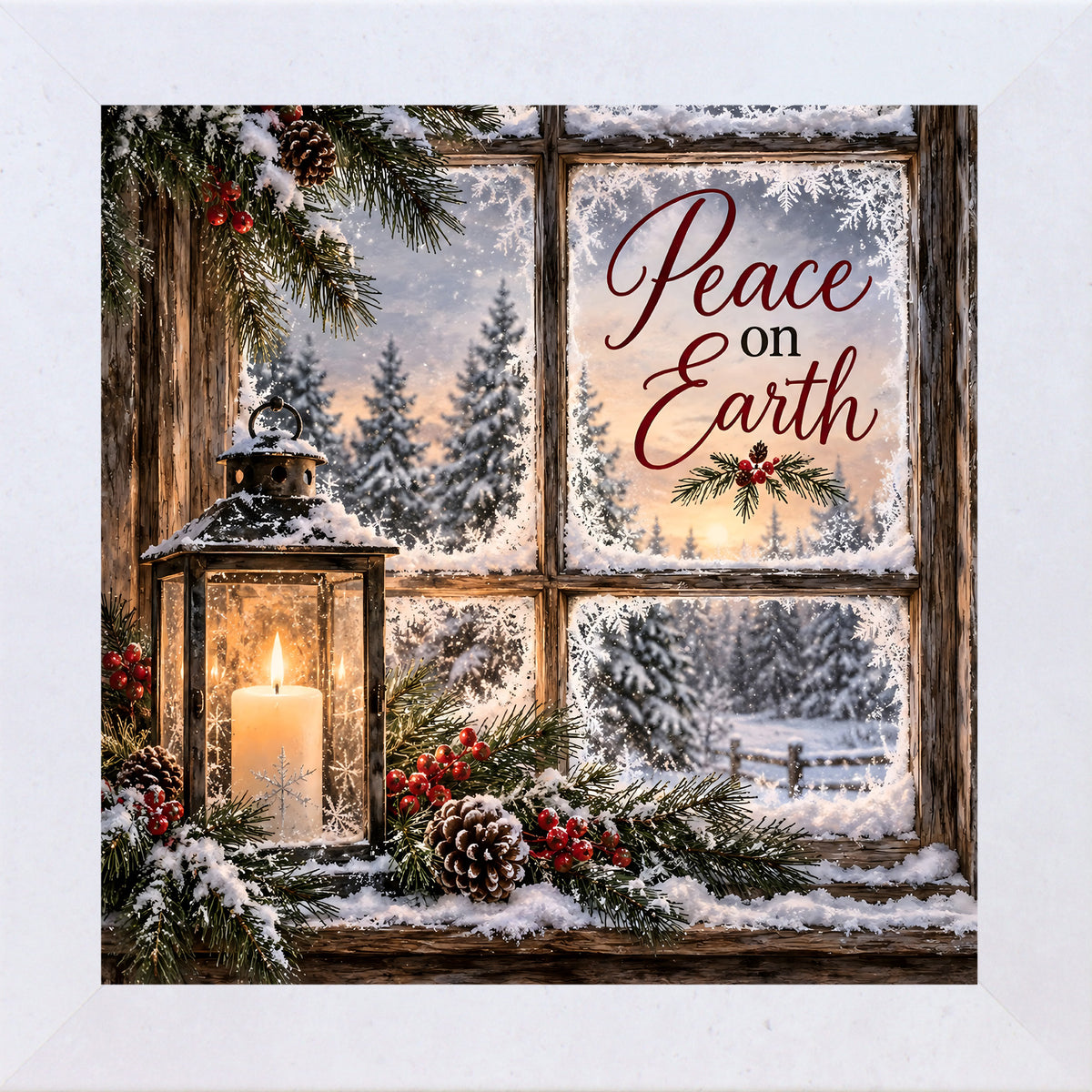 Peace on Earth wall art in terracotta white frame, snowy window candle scene