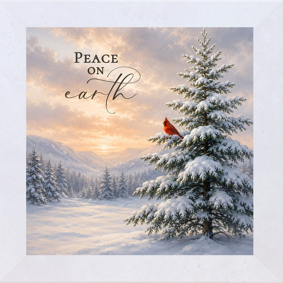 Peace on Earth wall art in terracotta white frame, winter mountain cardinal scene