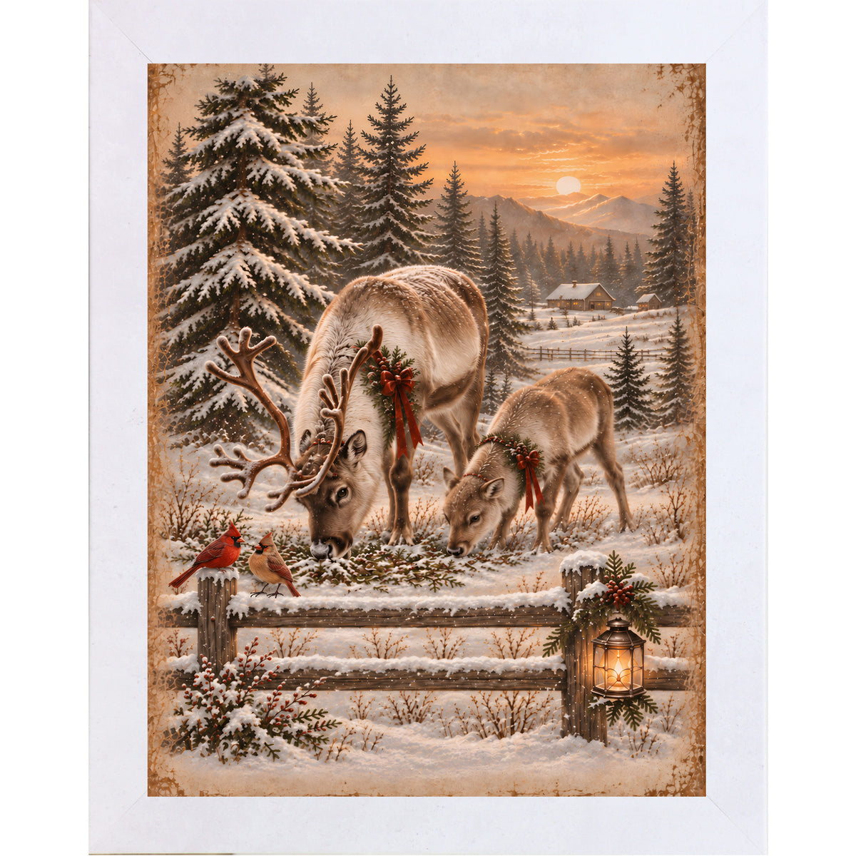 Reindeer and cardinals wall art in terracotta white frame, reindeer with cardinal pair