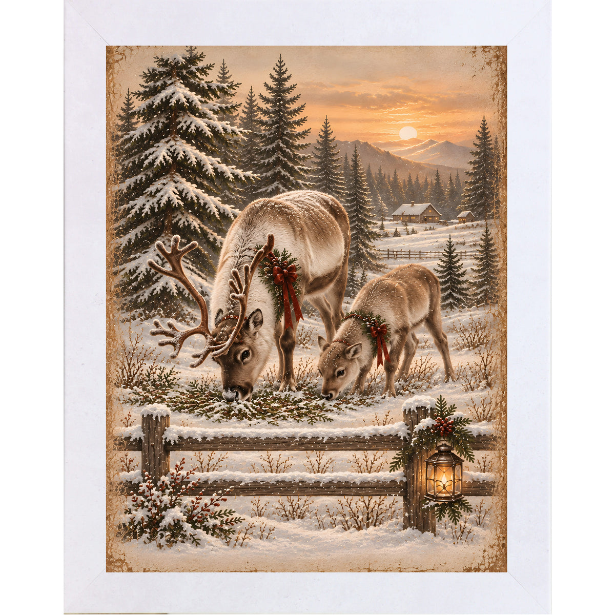 Reindeer at sunset wall art in terracotta white frame, snowy reindeer sunset portrait