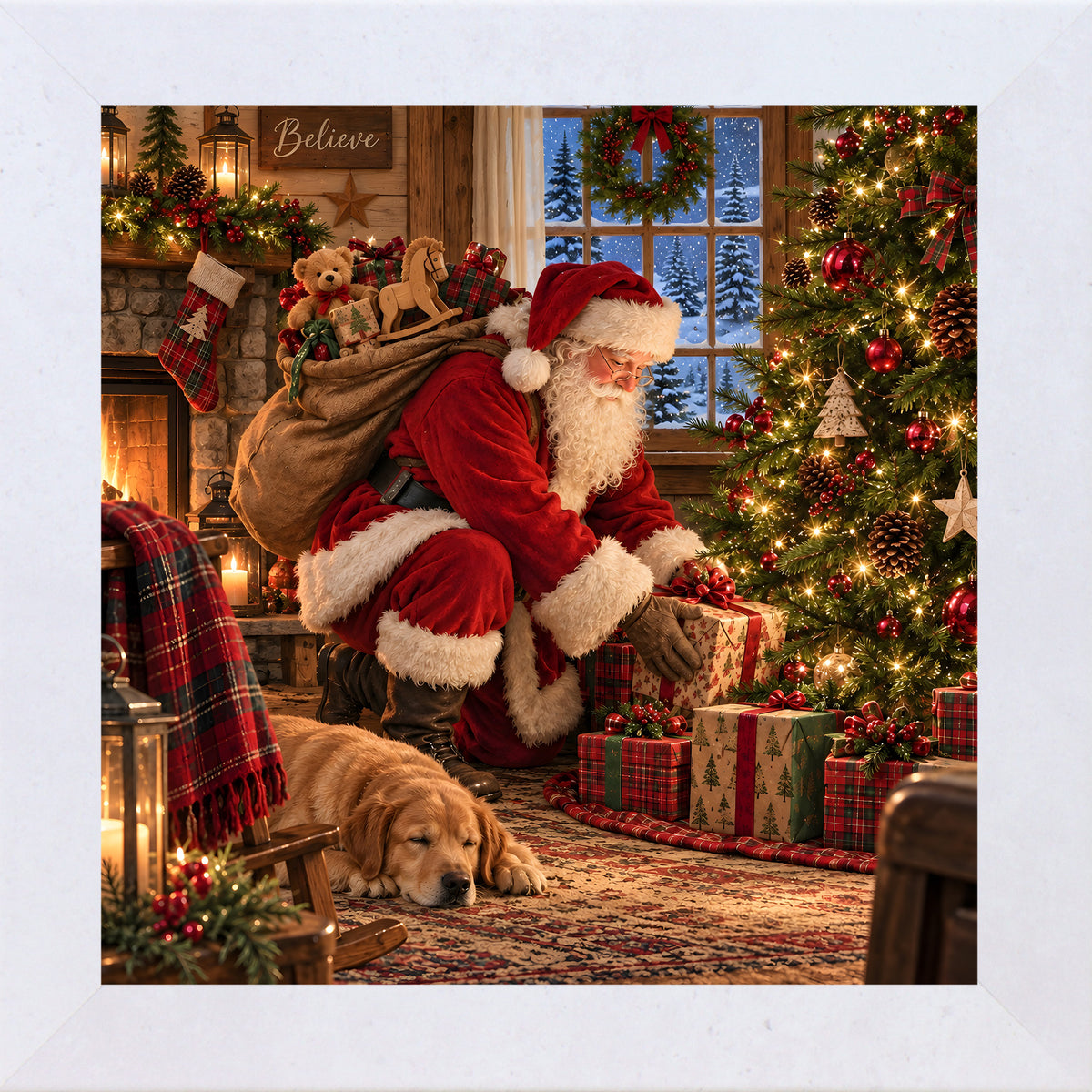 Terracotta White framed square Santa Claus Christmas wall art featuring Santa delivering presents beside a tree with a sleeping golden retriever puppy