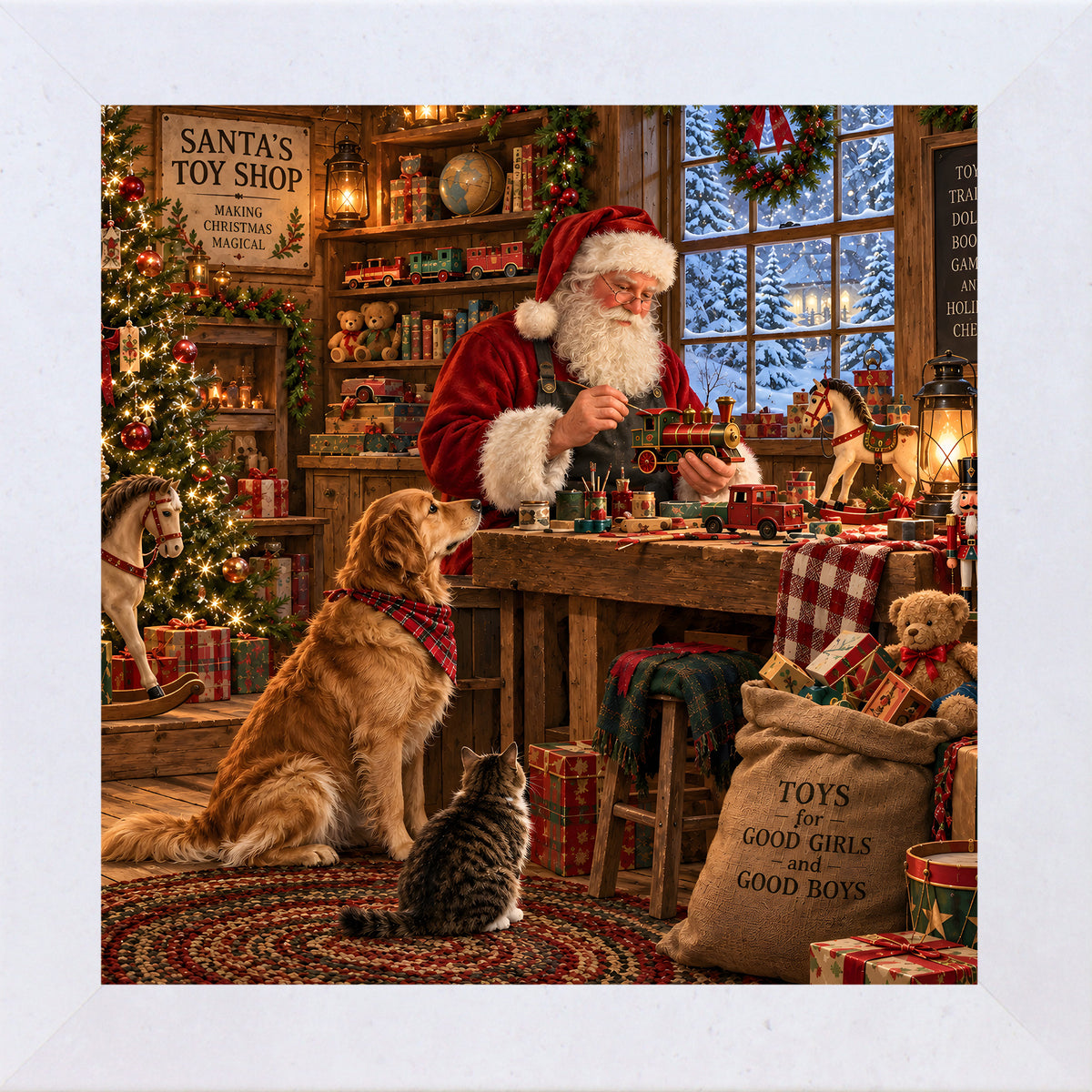 Terracotta White framed square Santa's toy shop Christmas wall art featuring Santa building toys with a golden retriever and cat watching