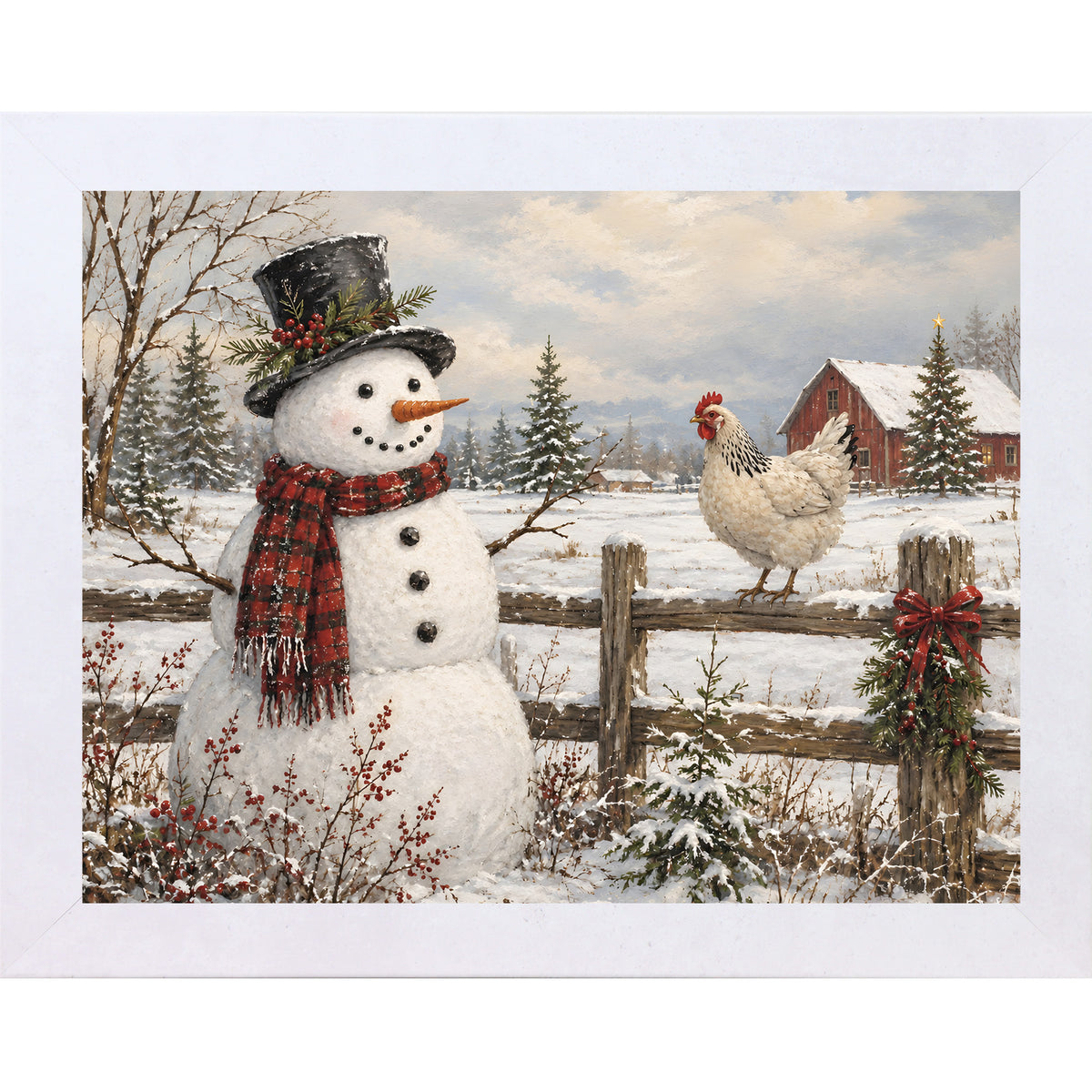 Terracotta White framed landscape rural winter wall art featuring a snowman in a top hat and a hen perched on a fence in front of a red barn