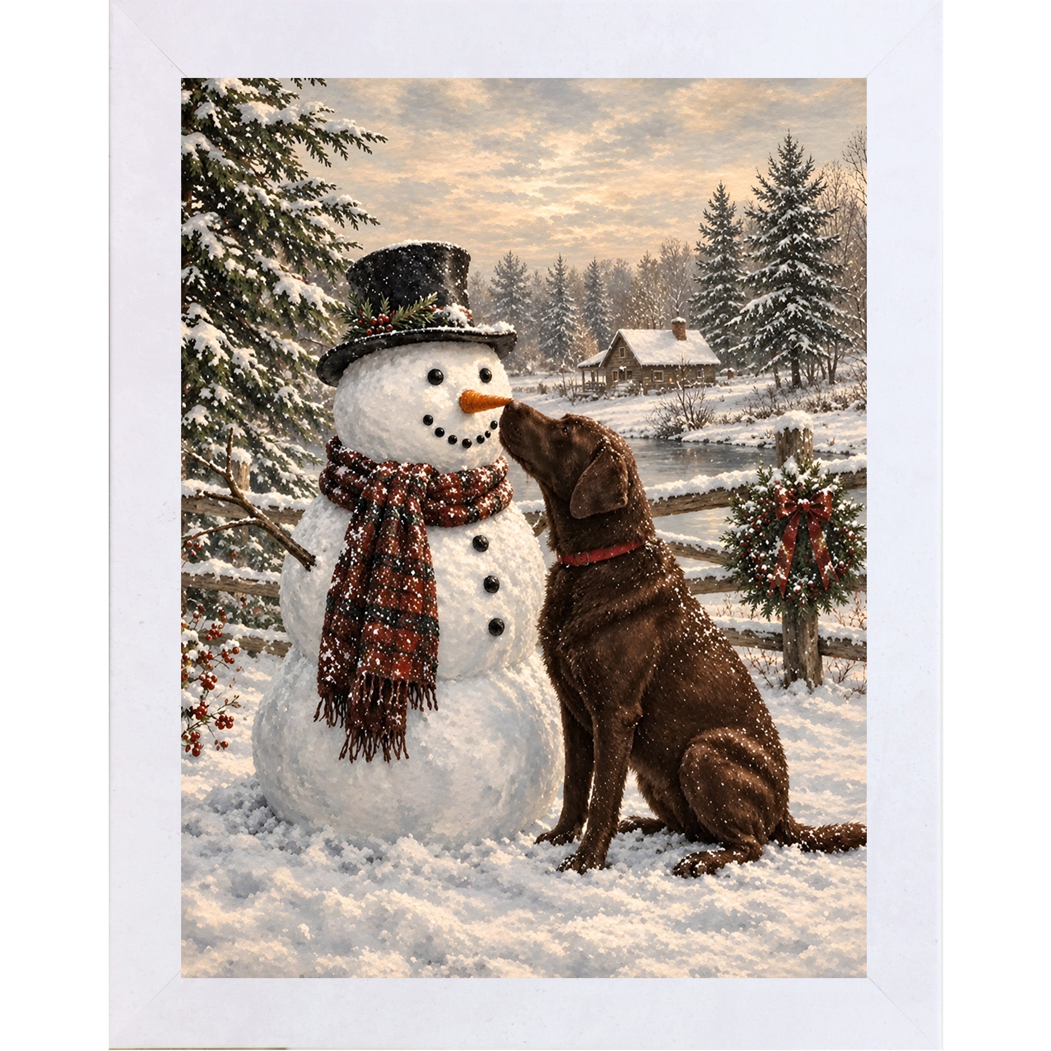 Terracotta White framed portrait heritage Christmas wall art featuring a chocolate Labrador nosing a top-hatted snowman in a plaid scarf against a snowy countryside scene