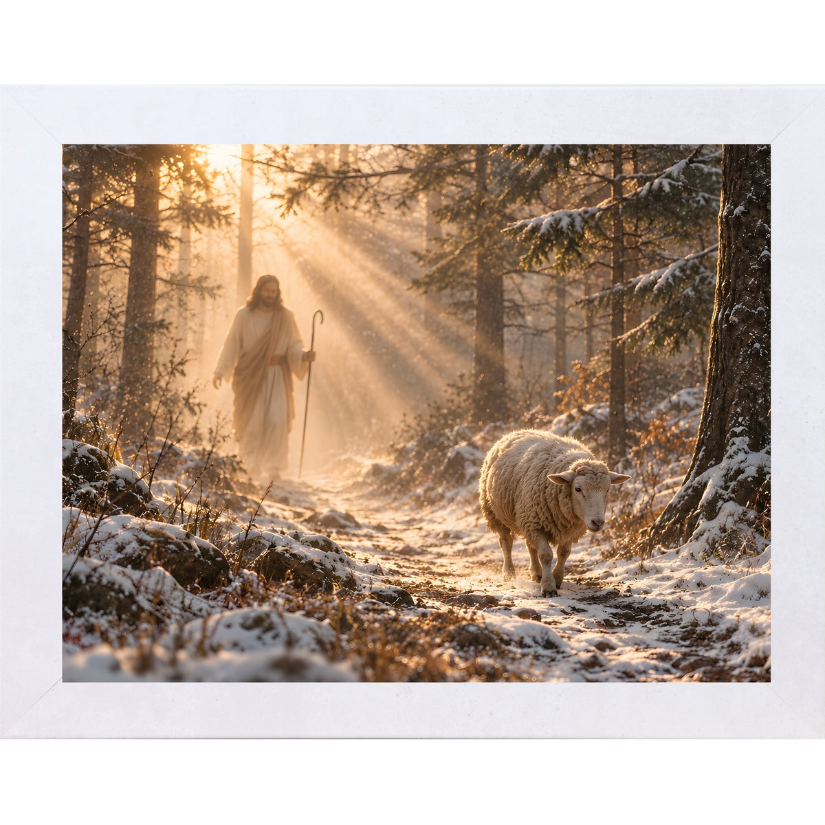 Terracotta White framed landscape Christian wall art featuring Christ walking a snow-covered forest path with a sheep following behind