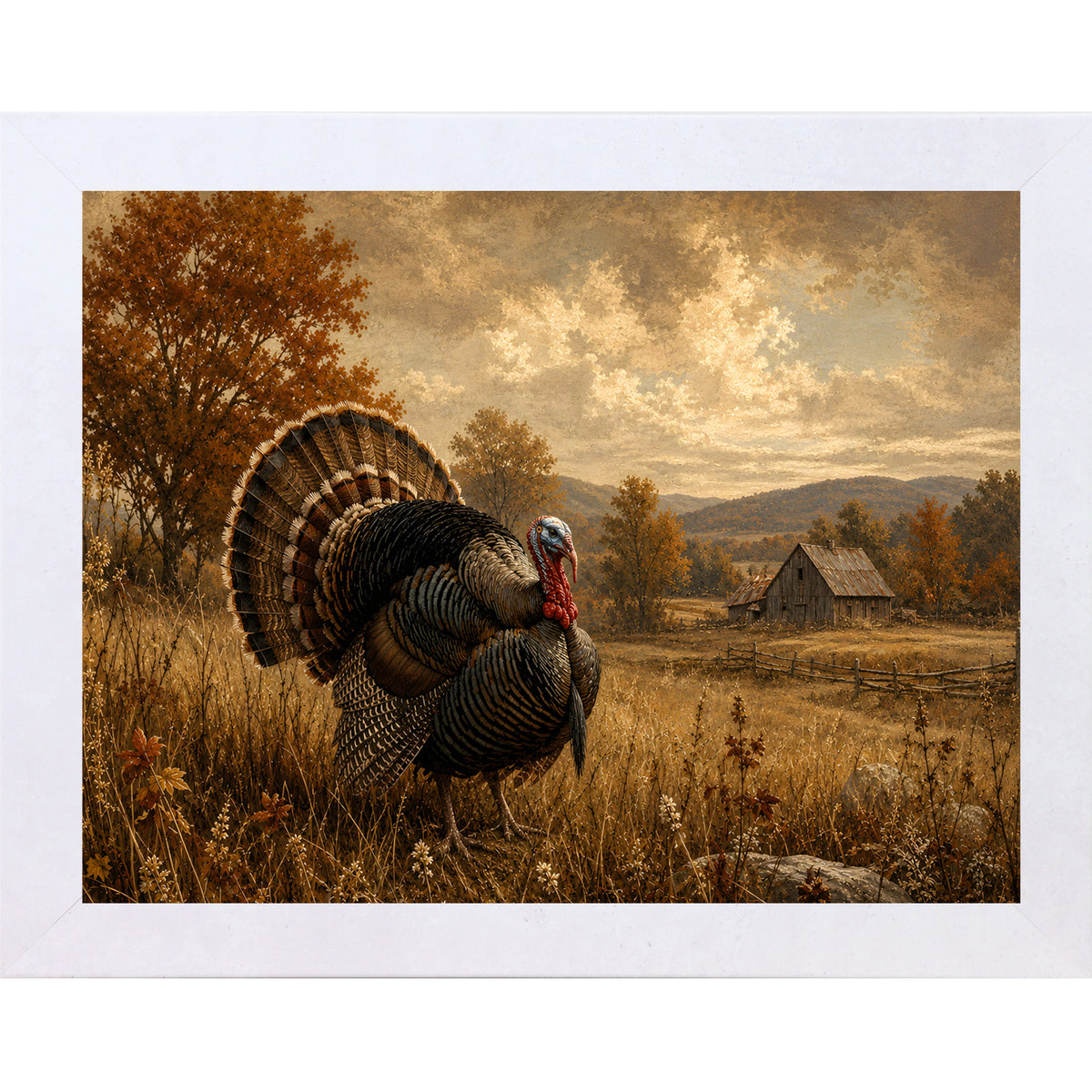 Terracotta White framed landscape vintage sporting wall art featuring a wild turkey in full fan display standing in a golden autumn field with a barn in the distance
