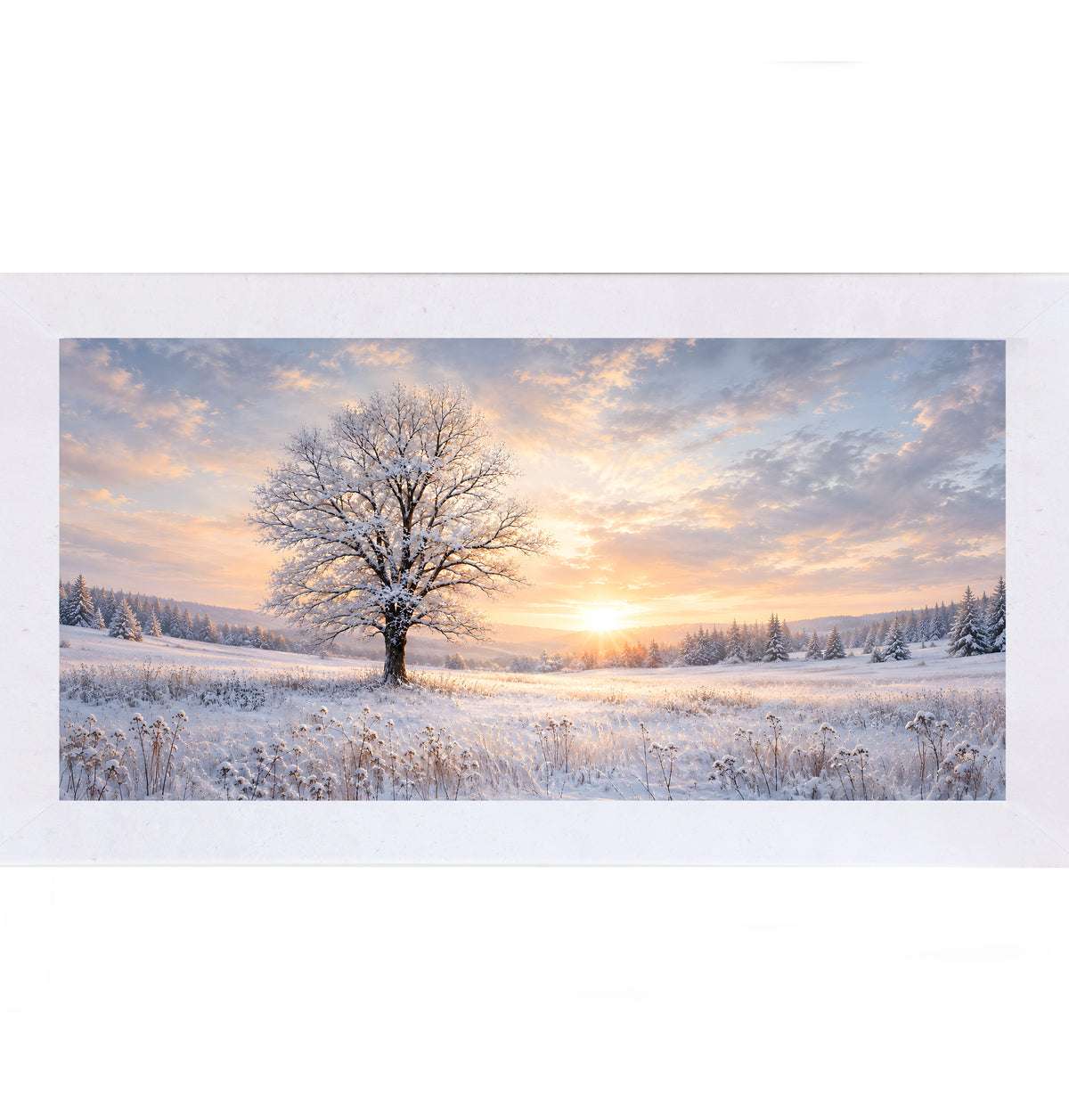 Terracotta White framed wide panoramic winter wall art featuring a snow-dusted tree against a glowing sunset stretching across a snowy field