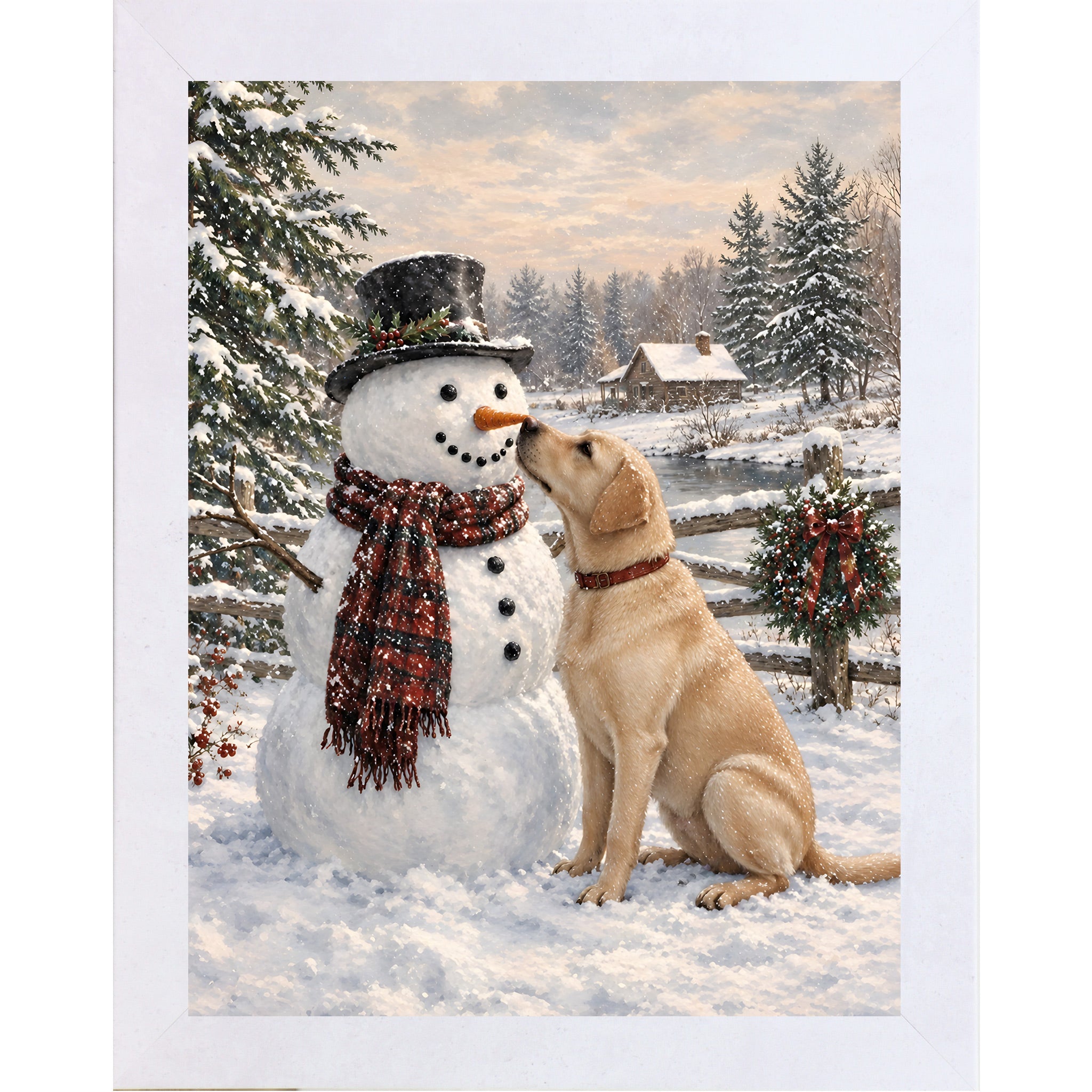 Terracotta White framed portrait heritage Christmas wall art featuring a yellow Labrador nosing a top-hatted snowman in a plaid scarf against a snowy countryside scene