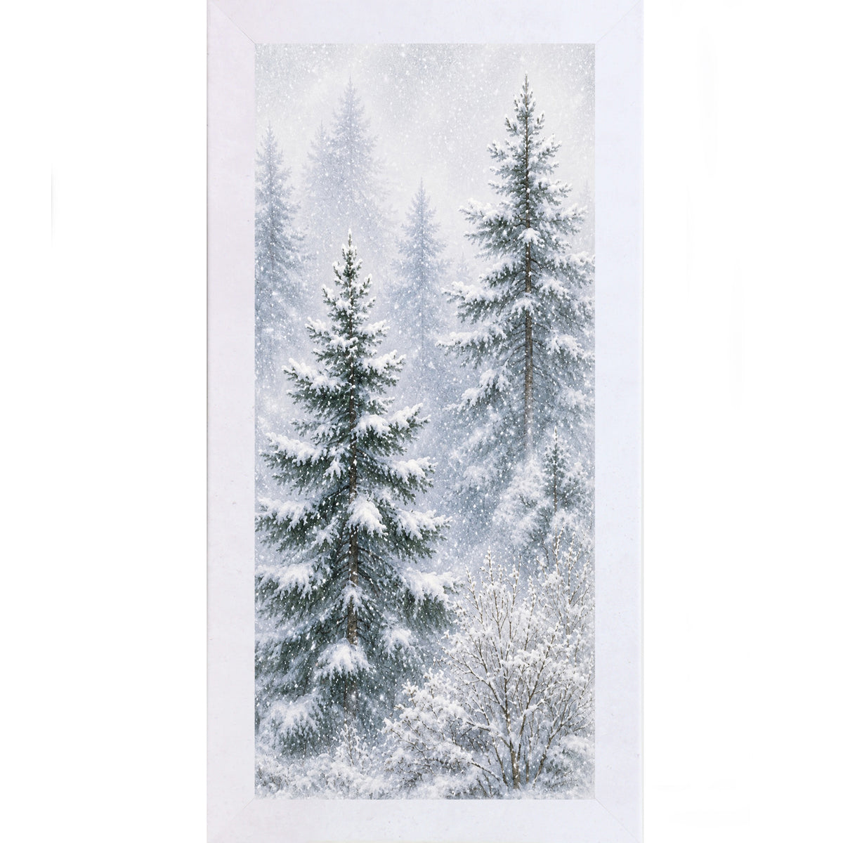 Terracotta White framed narrow portrait watercolor winter wall art featuring a snowy pine forest with two tall evergreens leaning right through falling snow