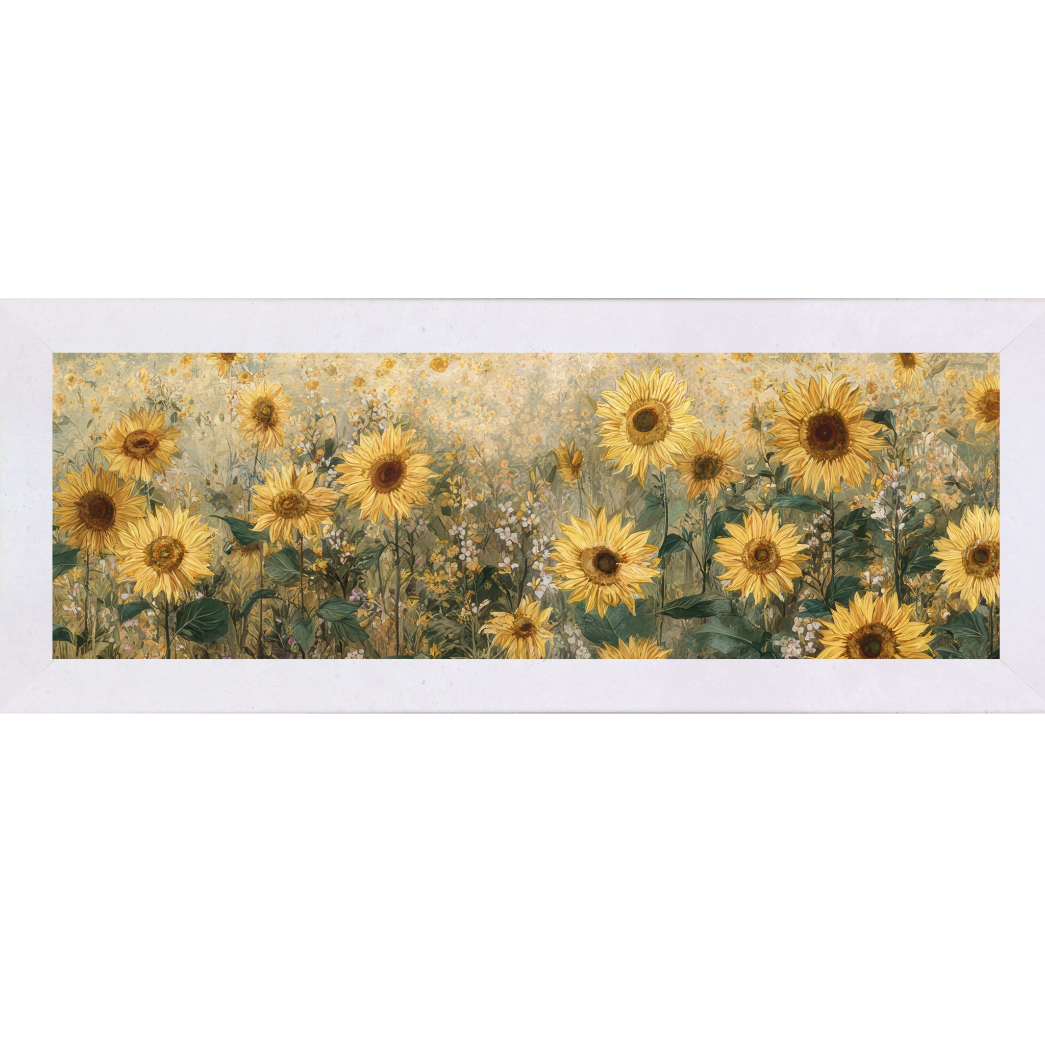 Terracotta white framed wide landscape sunflower wall art featuring a golden field of sunflowers with deep brown centers, lush green leaves, and scattered white wildflowers against a warm aged background