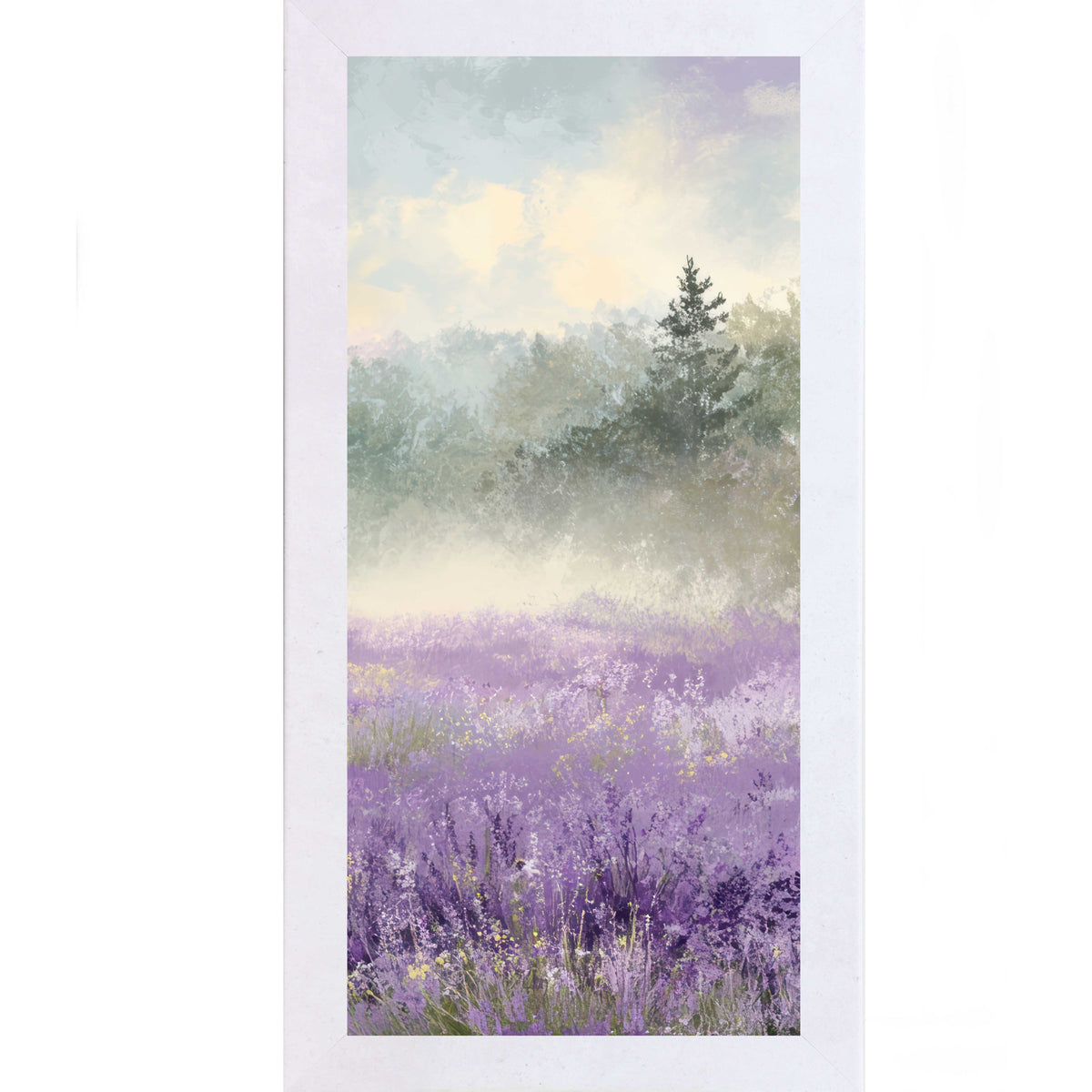 Vertical white framed wall art featuring purple wildflowers in a misty meadow with layered forest trees and a pale blue sky with lavender cloud wisps, right panel dreamy nature landscape.