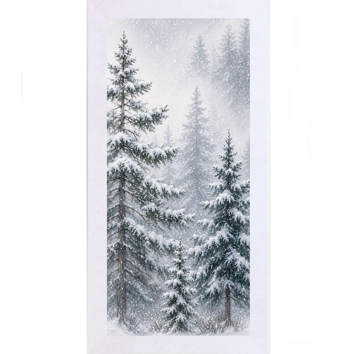 Terracotta White framed narrow portrait watercolor winter wall art featuring a snowy pine forest with a tall evergreen leaning left through falling snow