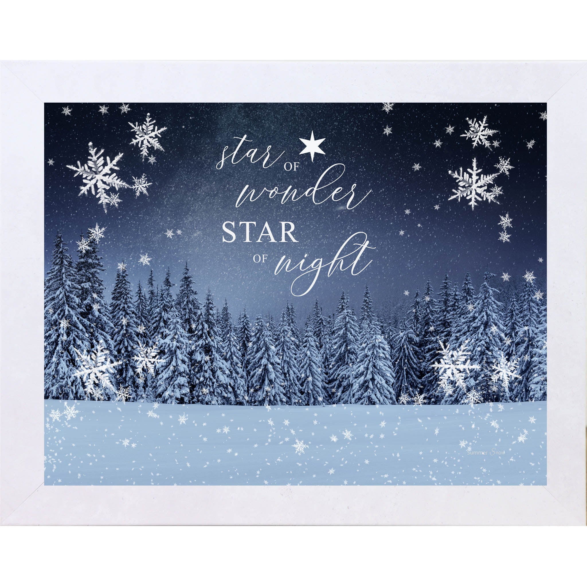 Winter forest Christmas wall art featuring snowy evergreen trees under a starry night sky with the phrase Star of Wonder Star of Night in elegant script.