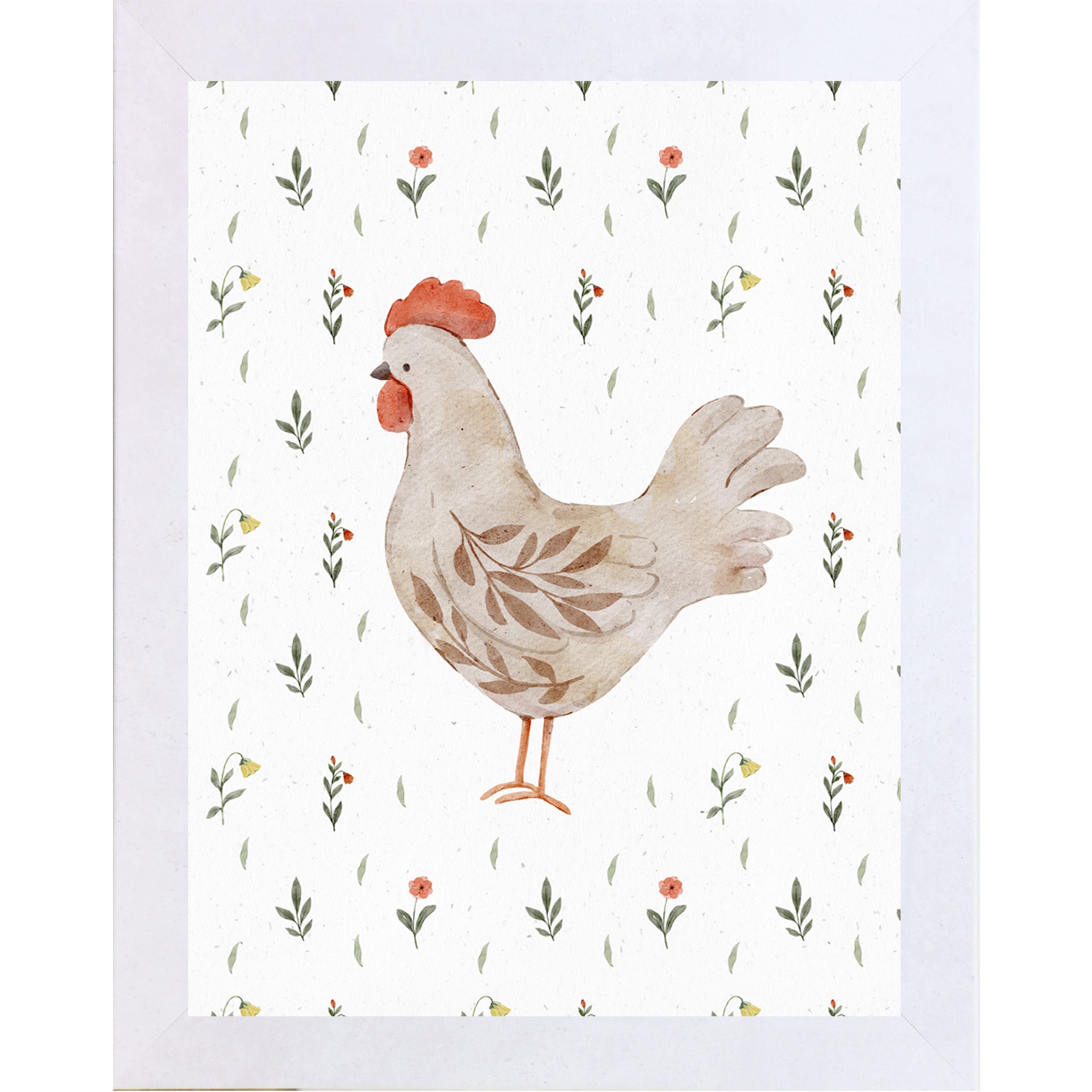 Left facing watercolor hen wall art with neutral farmhouse chicken illustration and delicate florals.