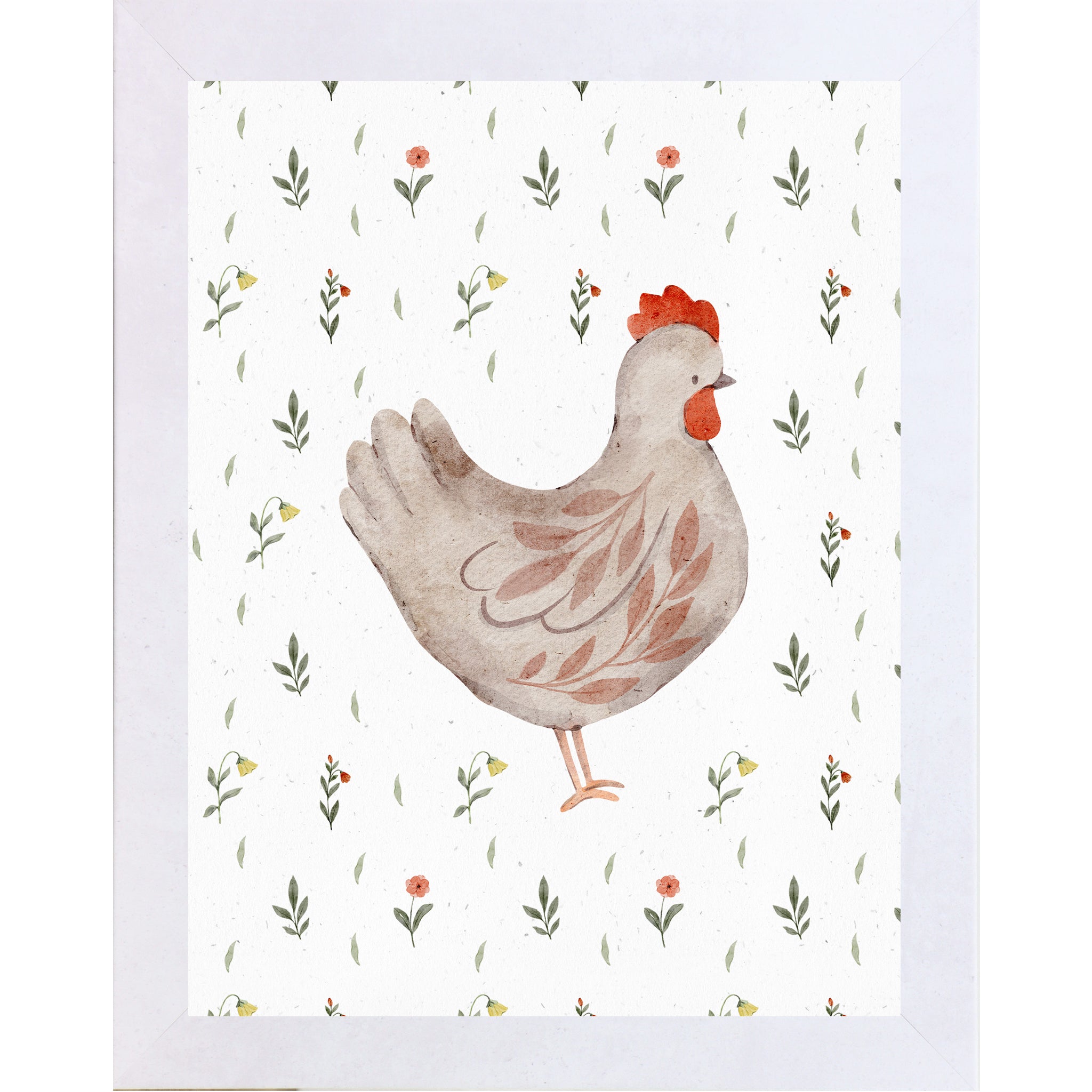 Right facing watercolor chicken wall art with neutral hen illustration and small florals on a farmhouse white background.