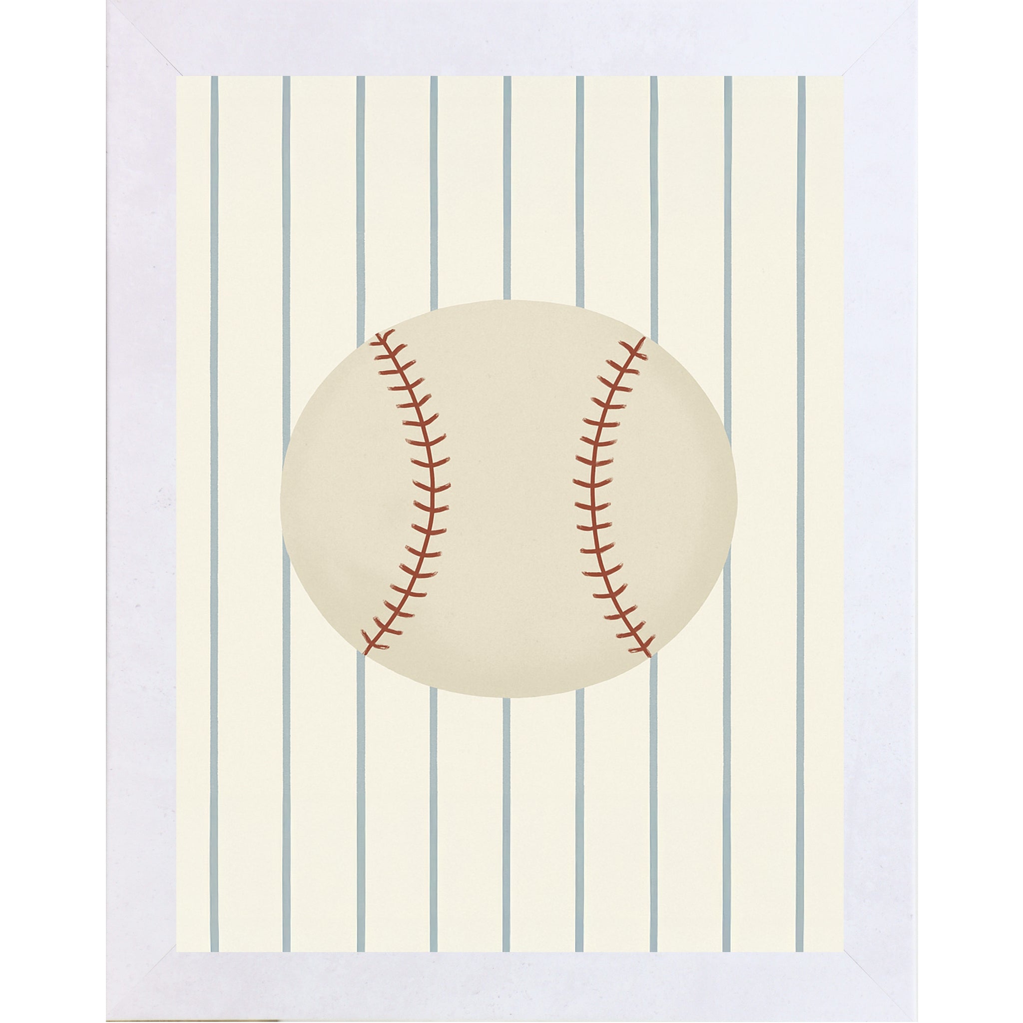 Terracotta White framed portrait baseball wall art featuring a vintage cream baseball with red stitching centered on soft blue pinstripes — SB204