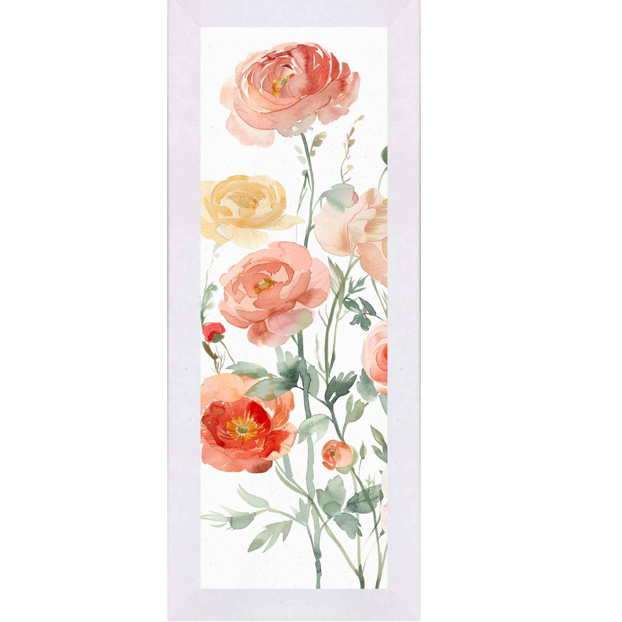 Vertical watercolor ranunculus wall art featuring large blush and coral blooms on soft white background, framed botanical decor in slim tall 8x20 to 14x40 sizes