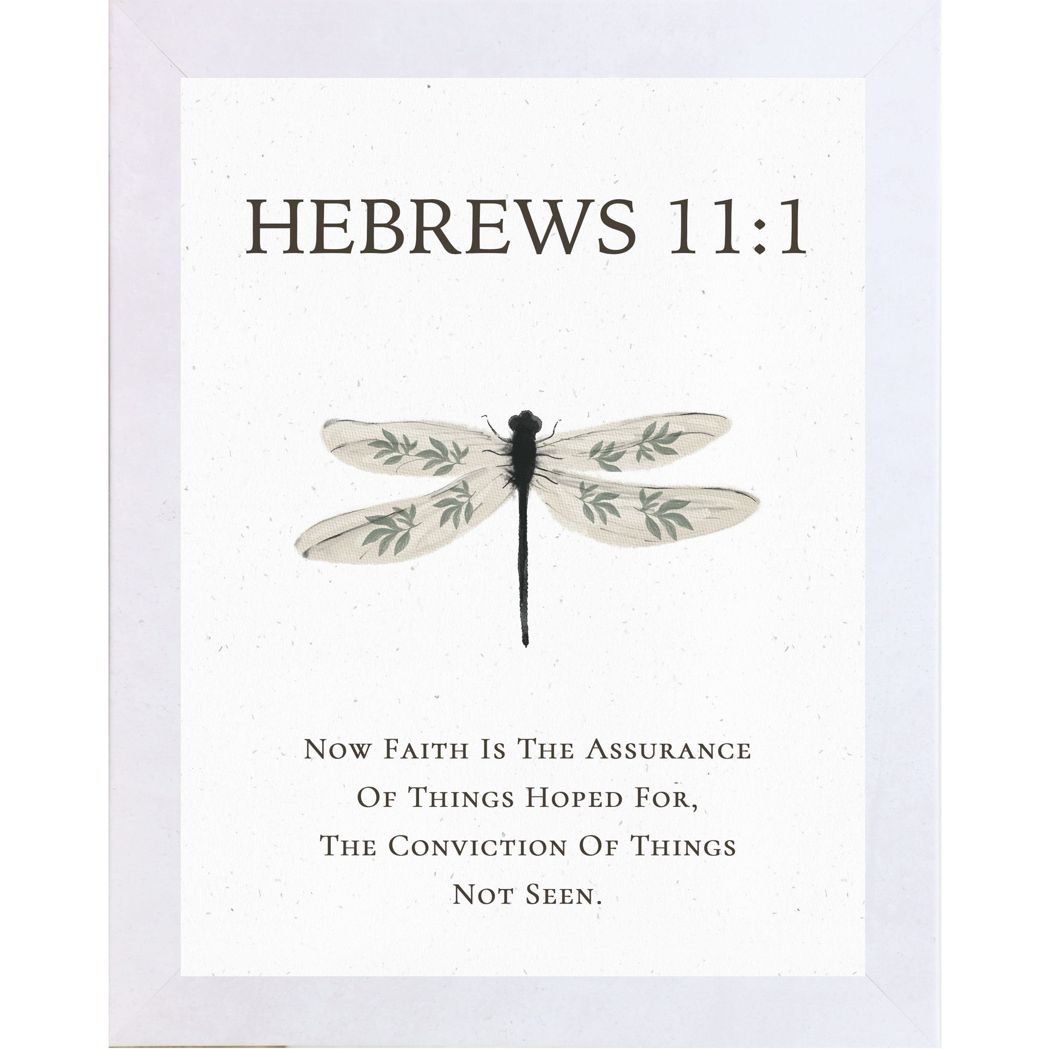 Hebrews 11:1 Christian dragonfly wall art featuring a large watercolor dragonfly with botanical wing details on a neutral white background, framed decor available in multiple sizes.