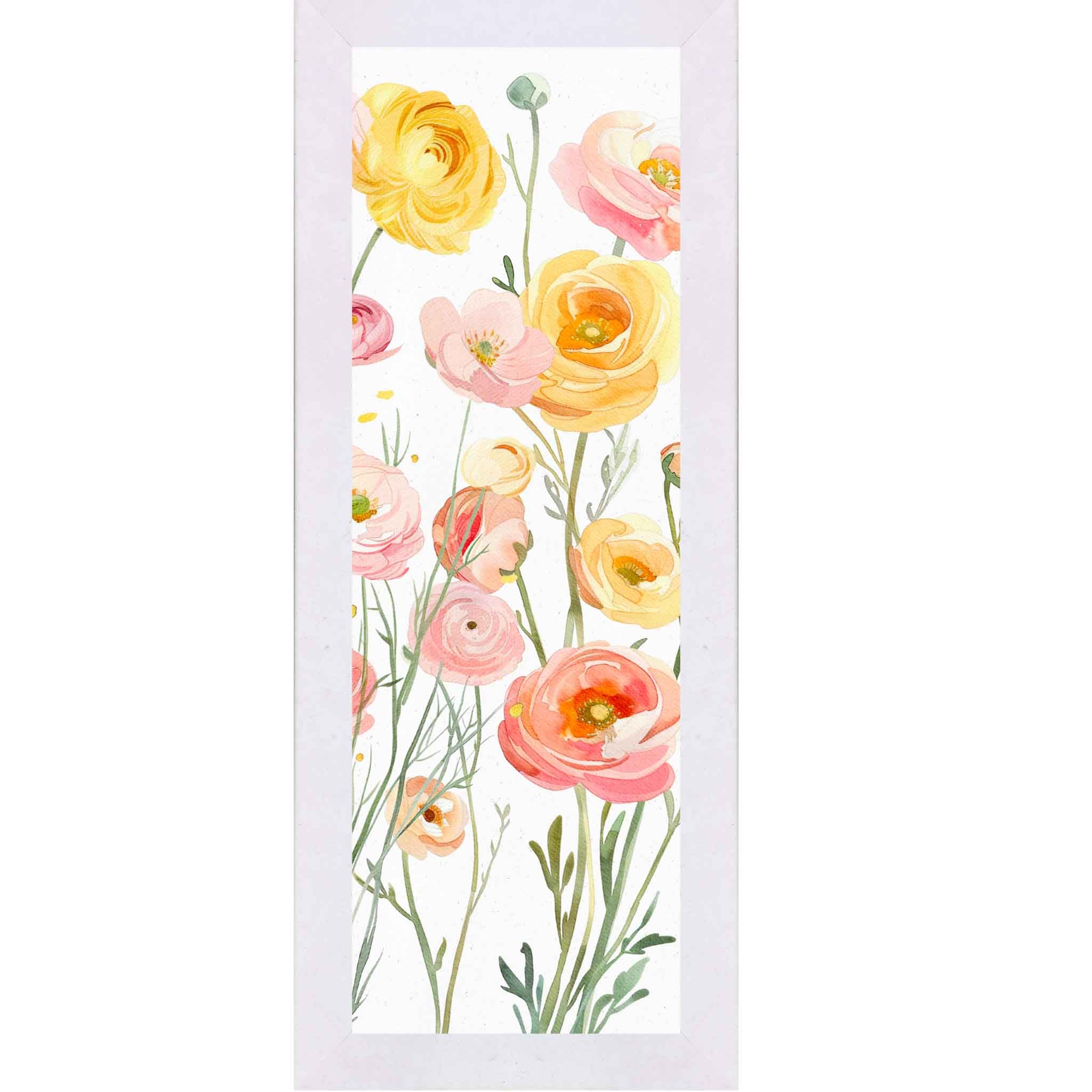 Vertical watercolor ranunculus wall art with golden yellow and peach blooms on soft white background, tall slim botanical framed decor 8x20 to 14x40