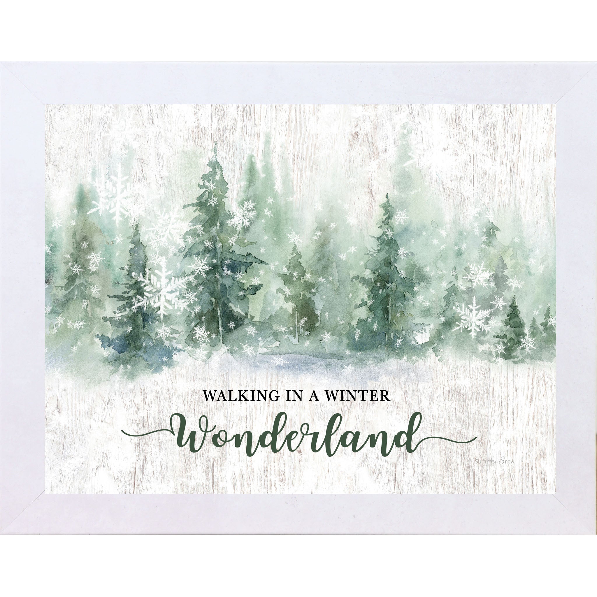 Terracotta White framed landscape watercolor winter wall art featuring snowy green pine trees and falling snowflakes with the words "Walking In A Winter Wonderland"